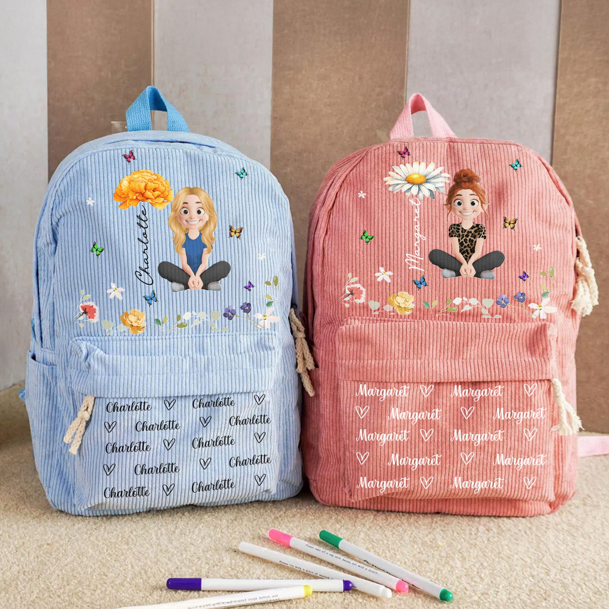 Cartoon Character With Birth Flower - Personalized Backpack