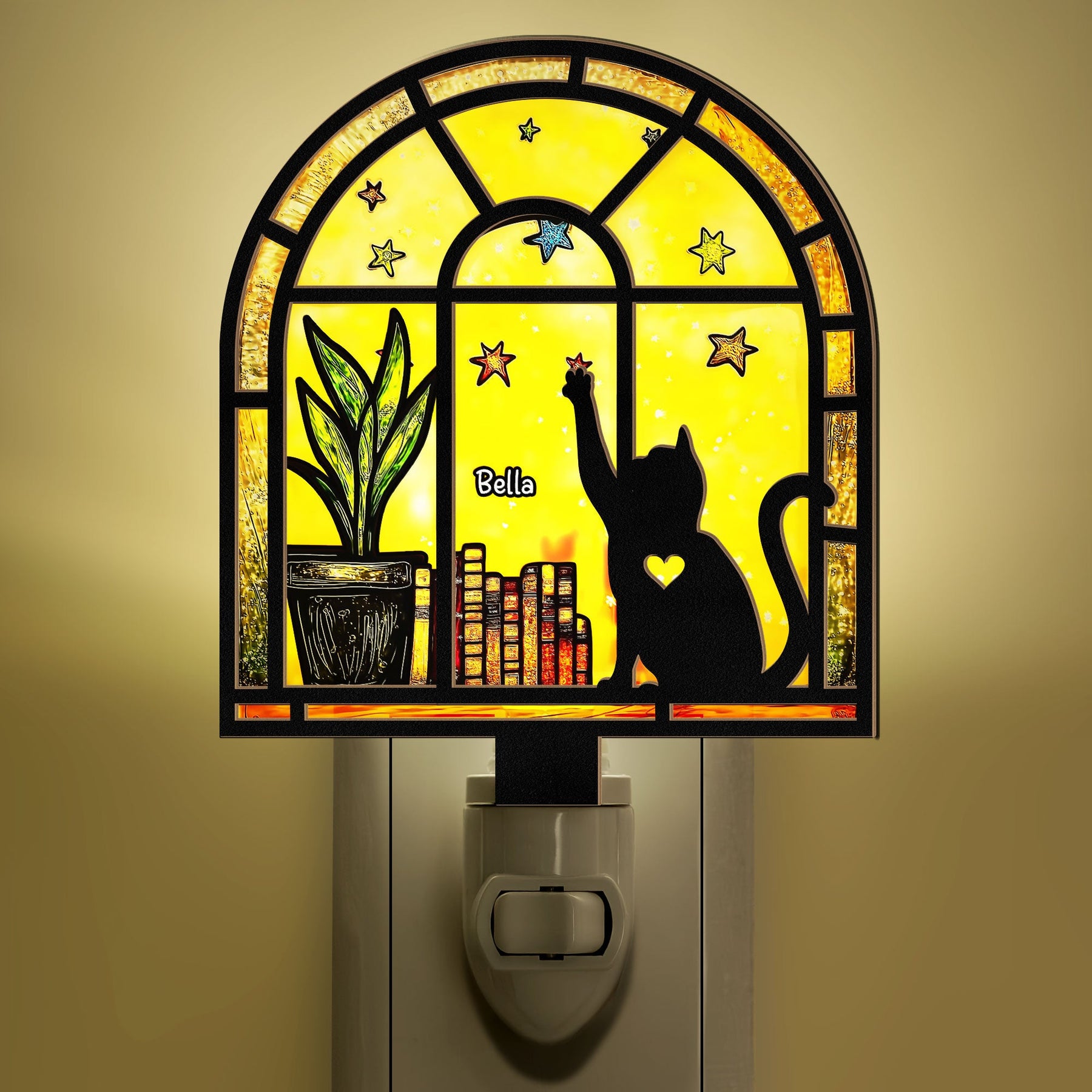 Cat And Books - Personalized Wood And Acrylic Night Light
