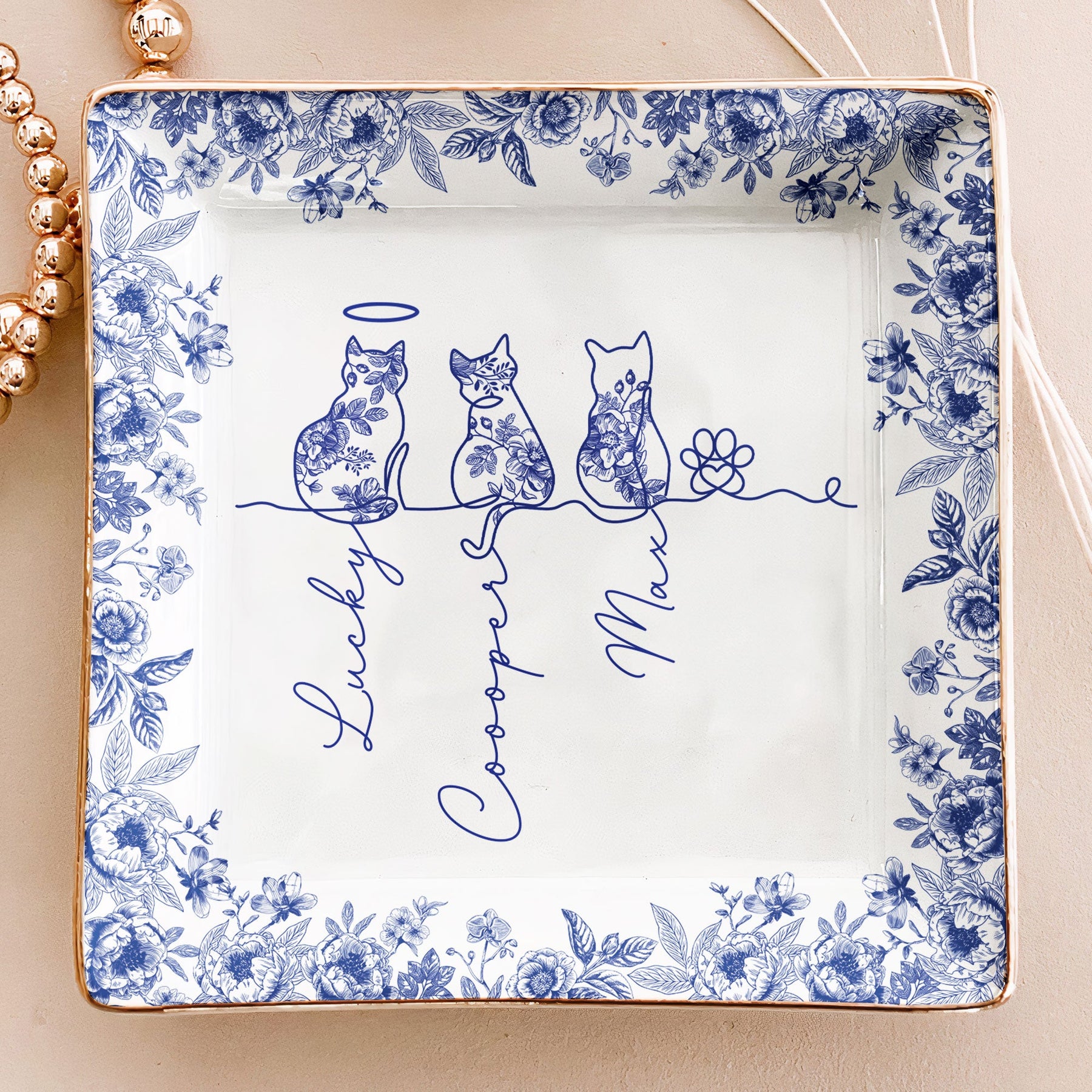 Cat Line Art Toile De Jouy Style Gift For Cat Lovers - Personalized Jewelry Dish
