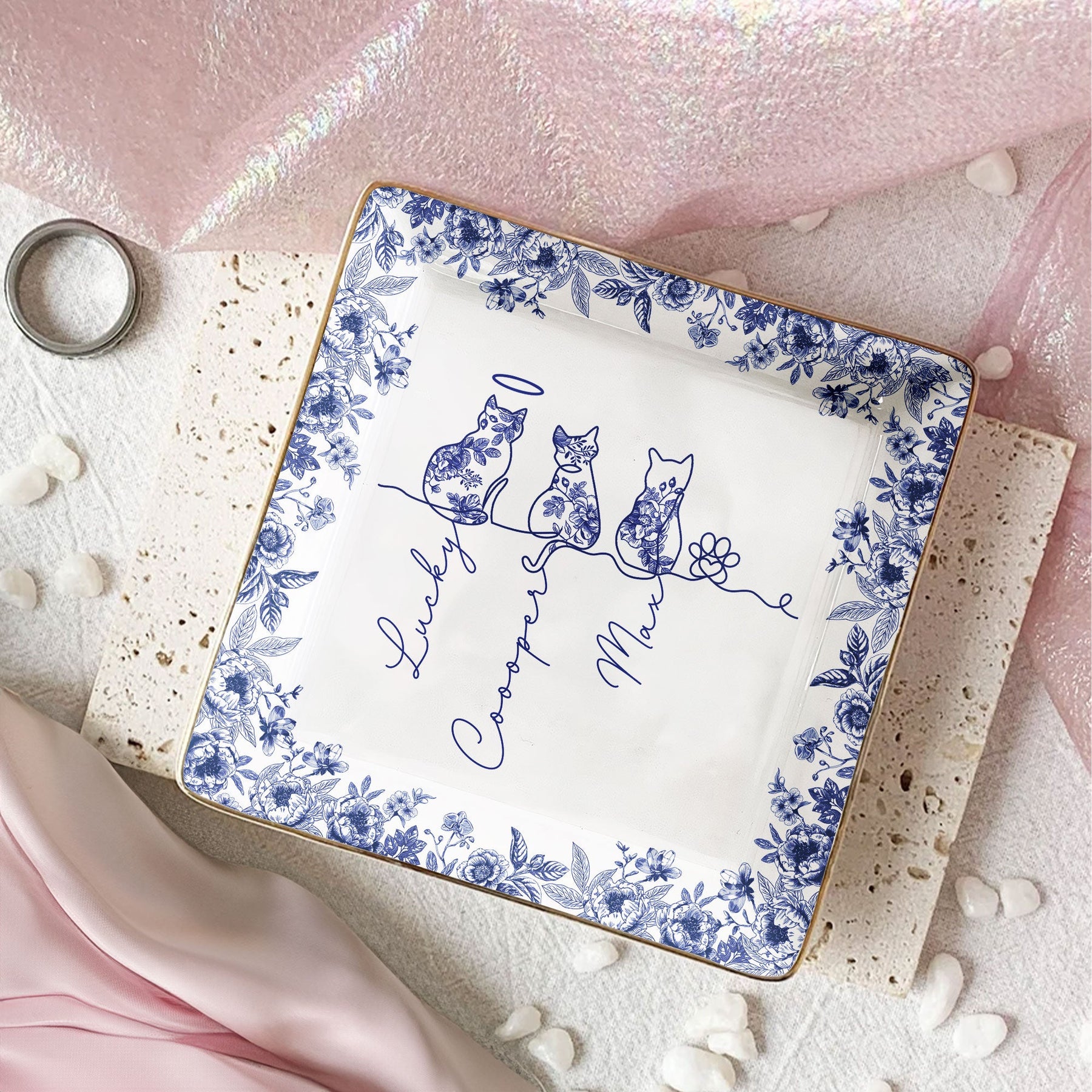 Cat Line Art Toile De Jouy Style Gift For Cat Lovers - Personalized Jewelry Dish