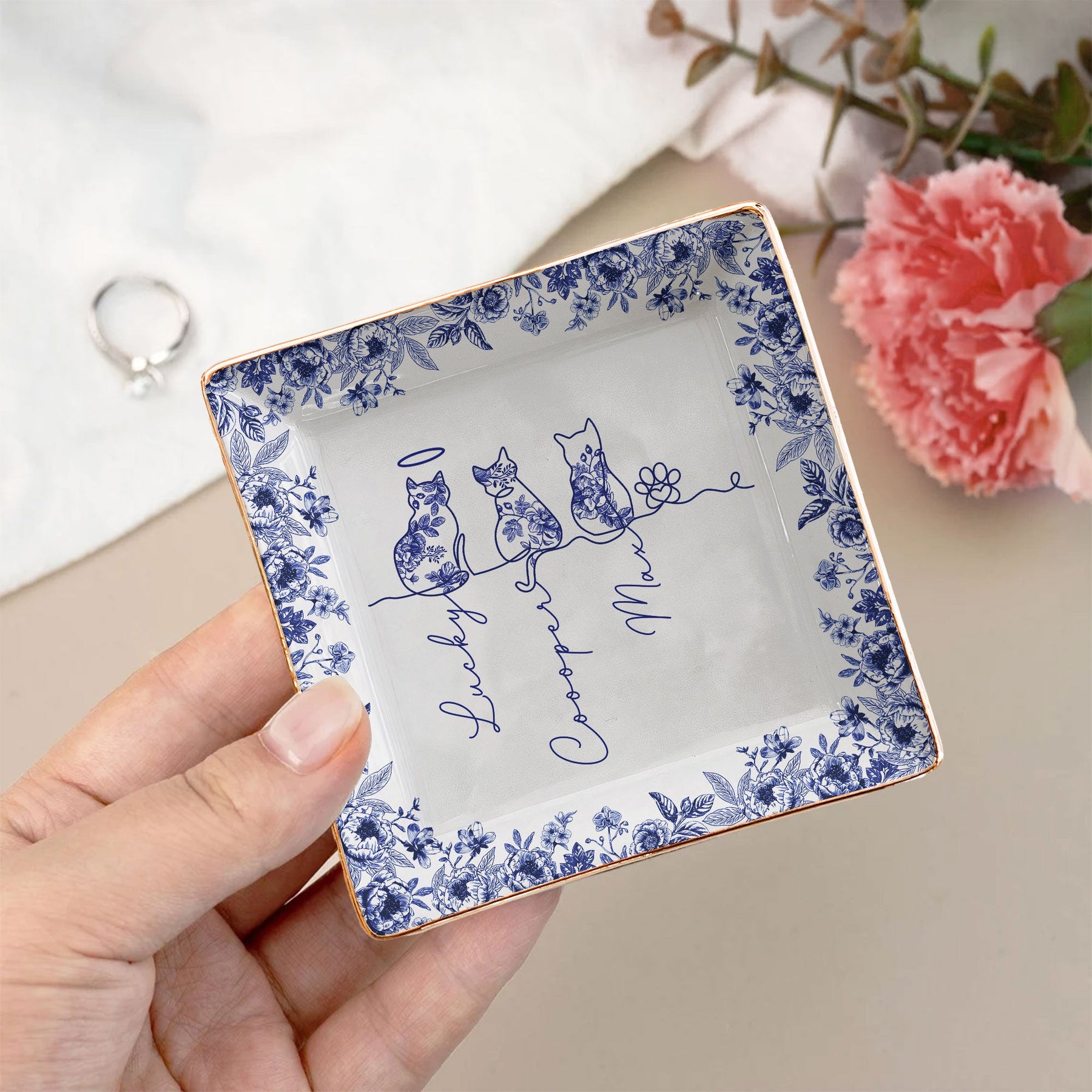 Cat Line Art Toile De Jouy Style Gift For Cat Lovers - Personalized Jewelry Dish