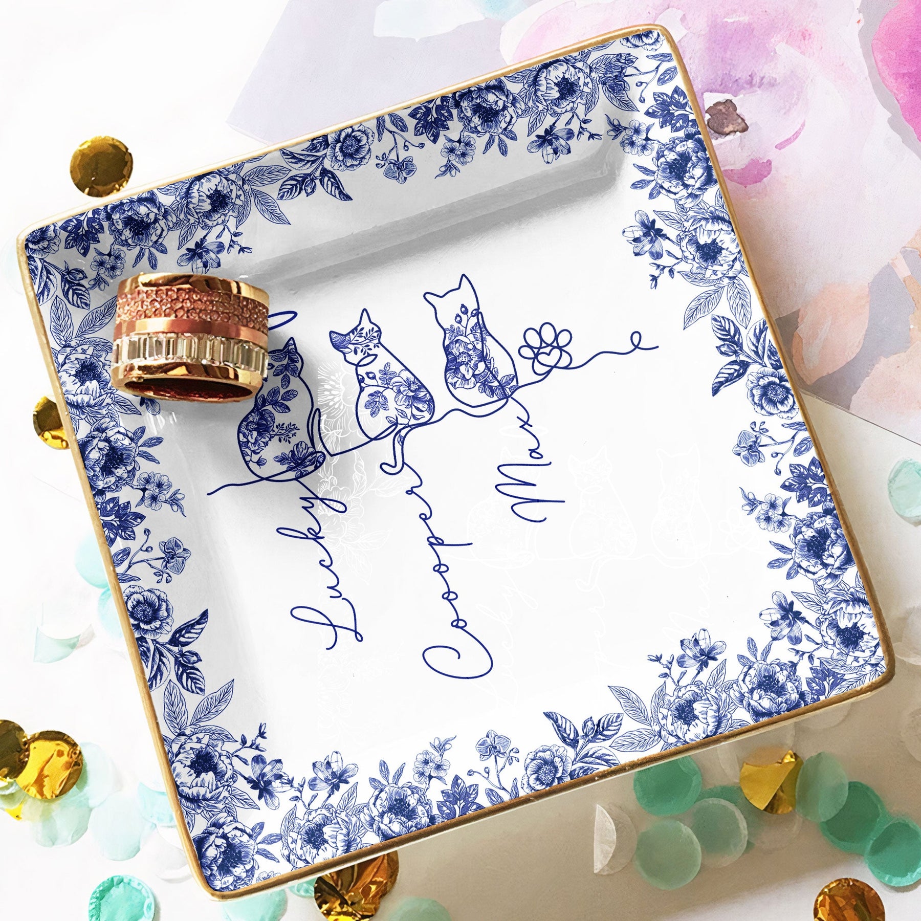 Cat Line Art Toile De Jouy Style Gift For Cat Lovers - Personalized Jewelry Dish