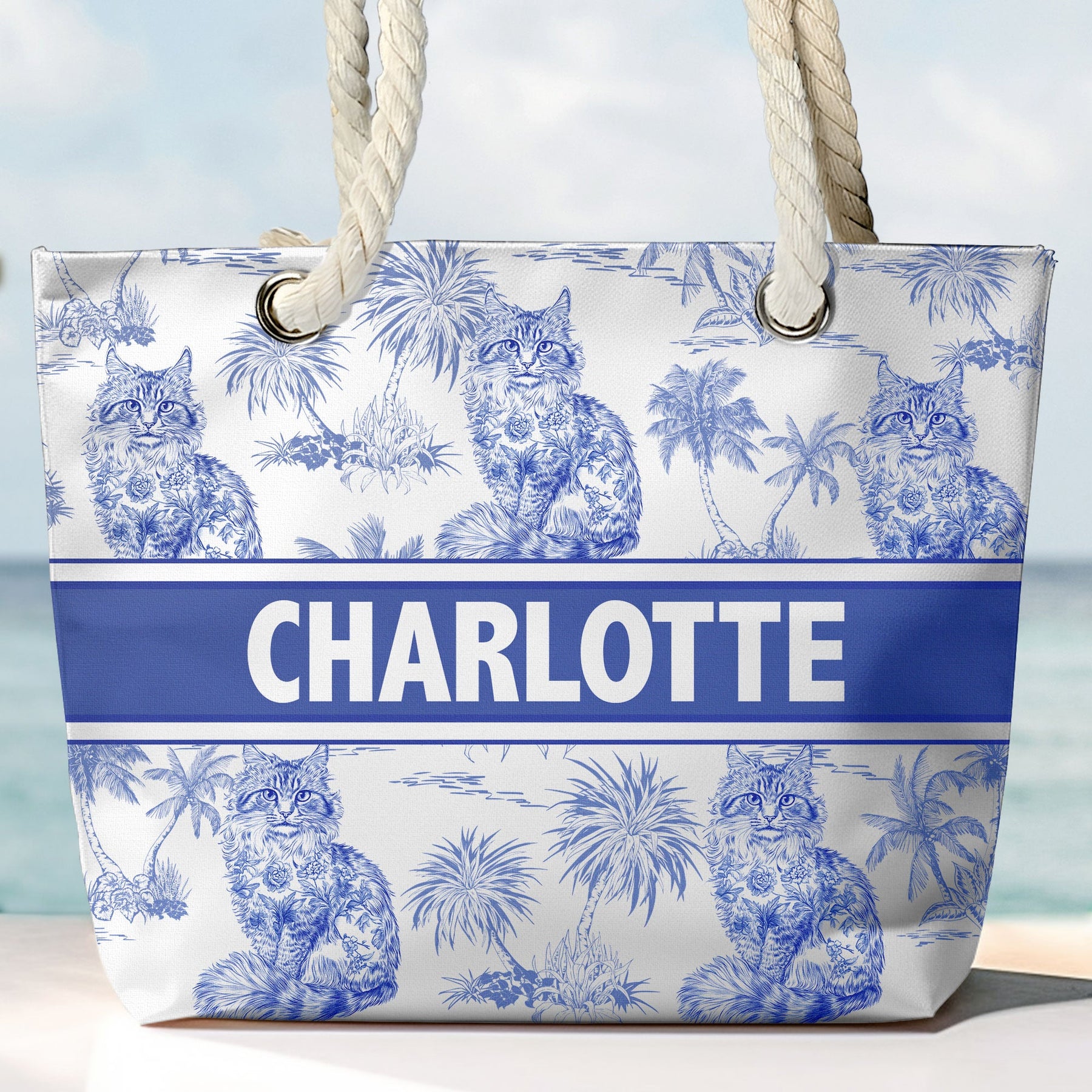 Cat Lover Chinoiserie Toile De Jouy Style - Personalized Beach Bag