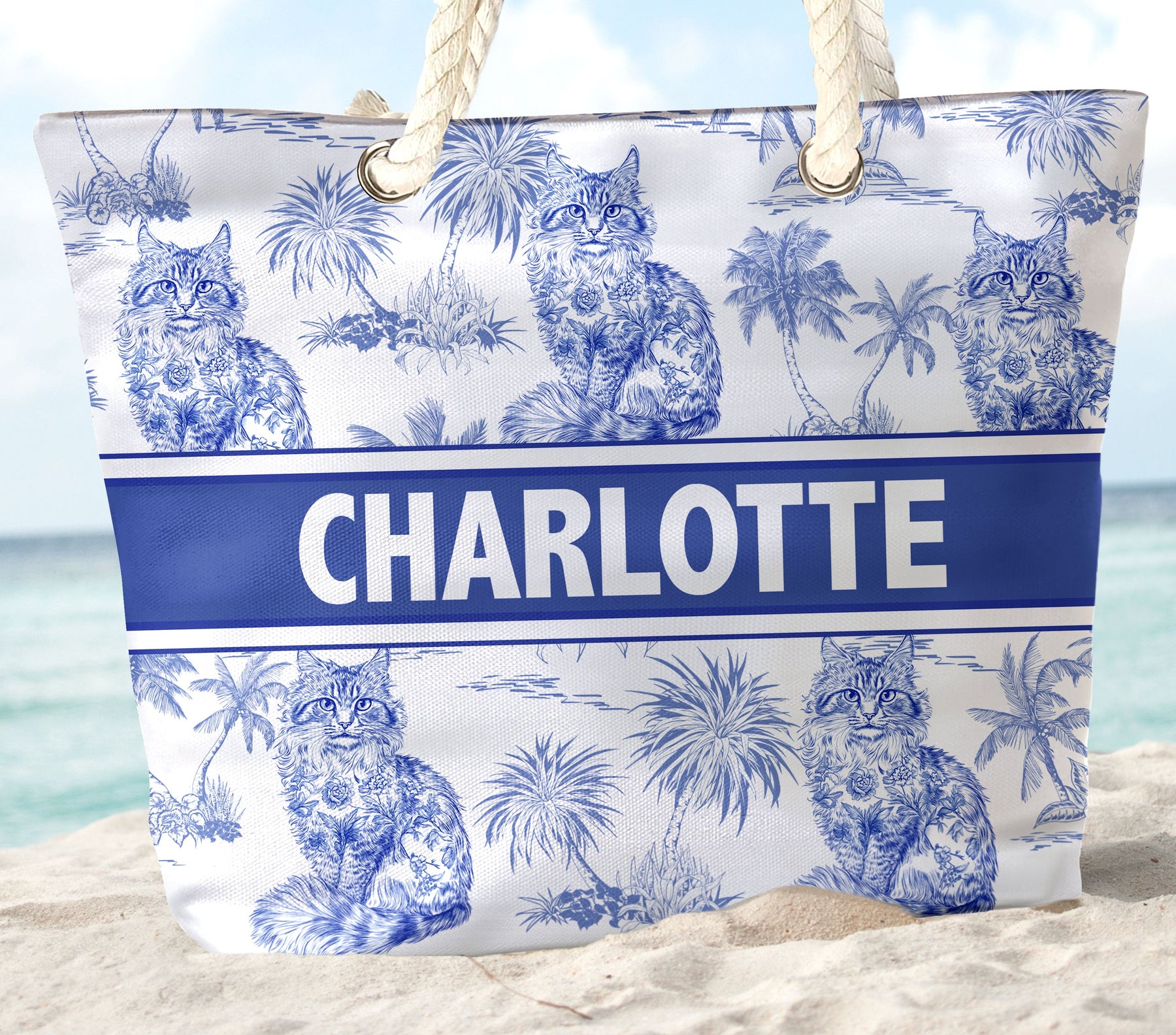 Cat Lover Chinoiserie Toile De Jouy Style - Personalized Beach Bag