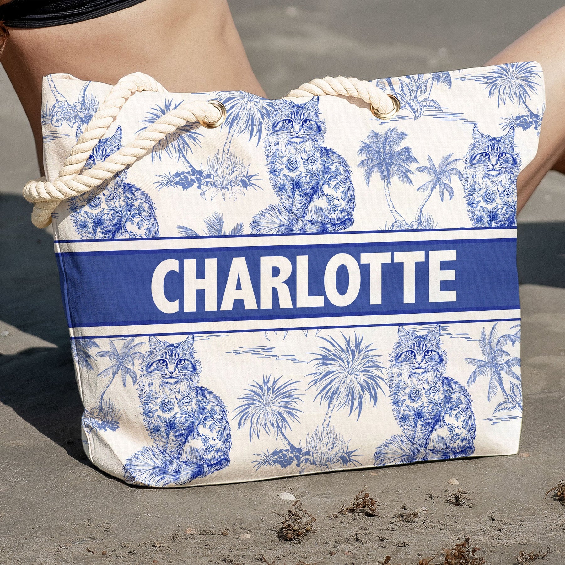 Cat Lover Chinoiserie Toile De Jouy Style - Personalized Beach Bag