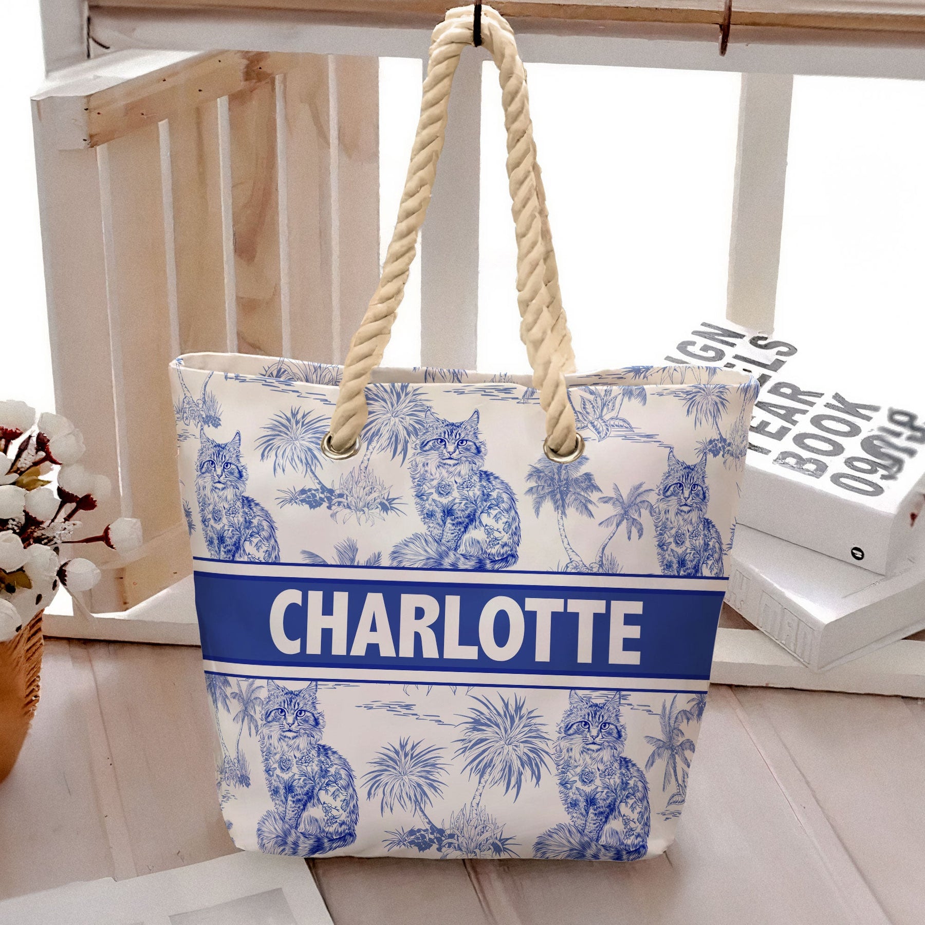 Cat Lover Chinoiserie Toile De Jouy Style - Personalized Beach Bag