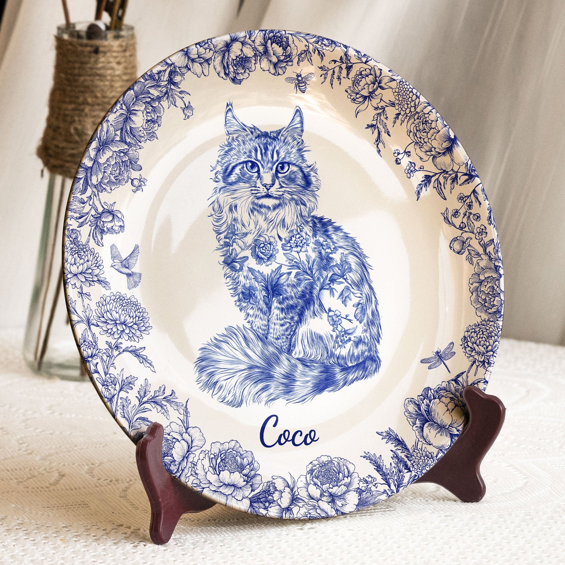 Cat Lover Chinoiserie Toile De Jouy Style - Personalized Ceramic Plate