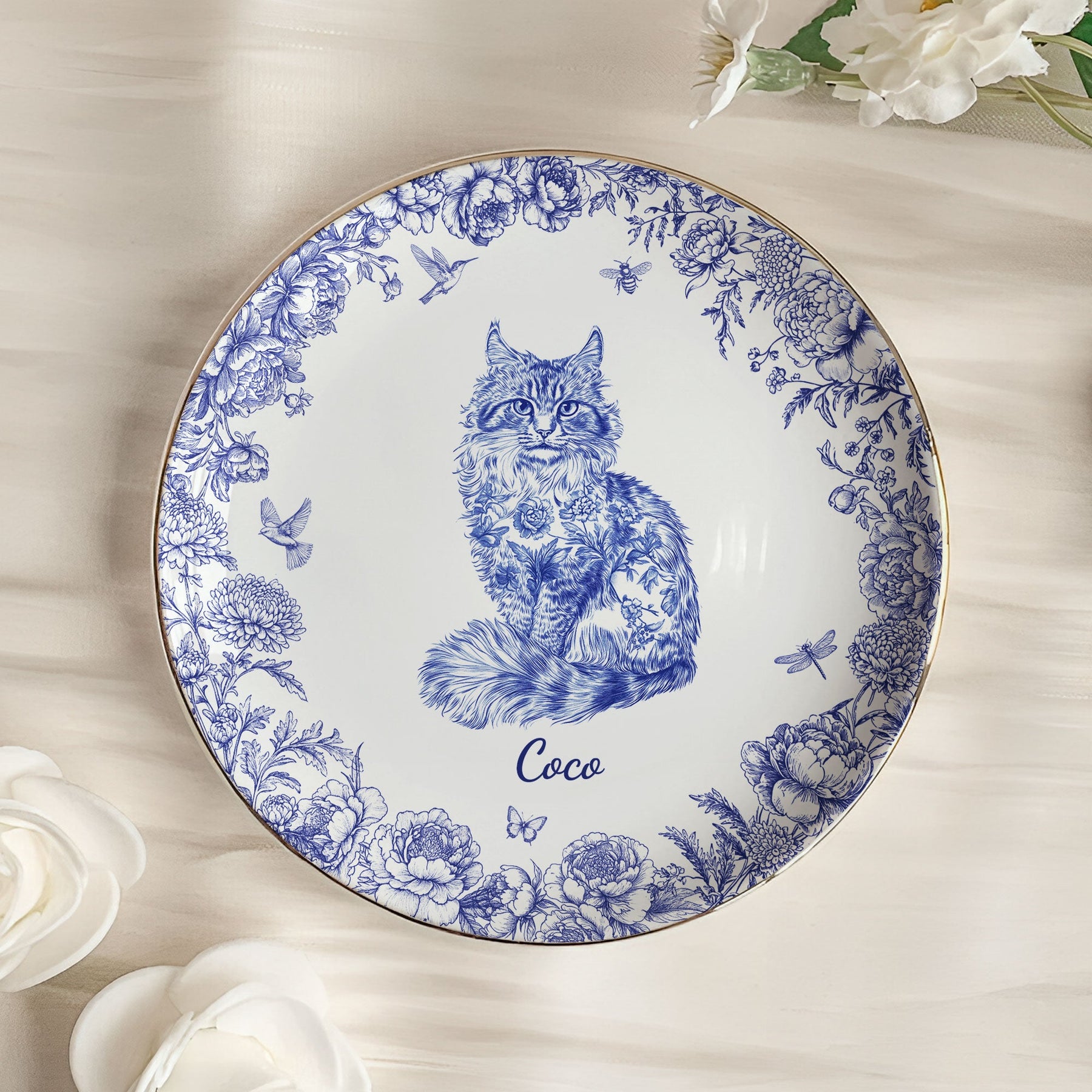 Cat Lover Toile De Jouy Style - Personalized Jewelry Dish