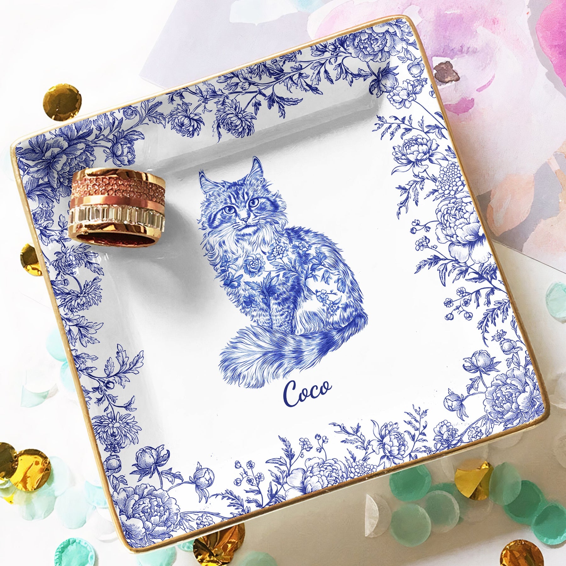 Cat Lover Chinoiserie Toile De Jouy Style - Personalized Jewelry Dish