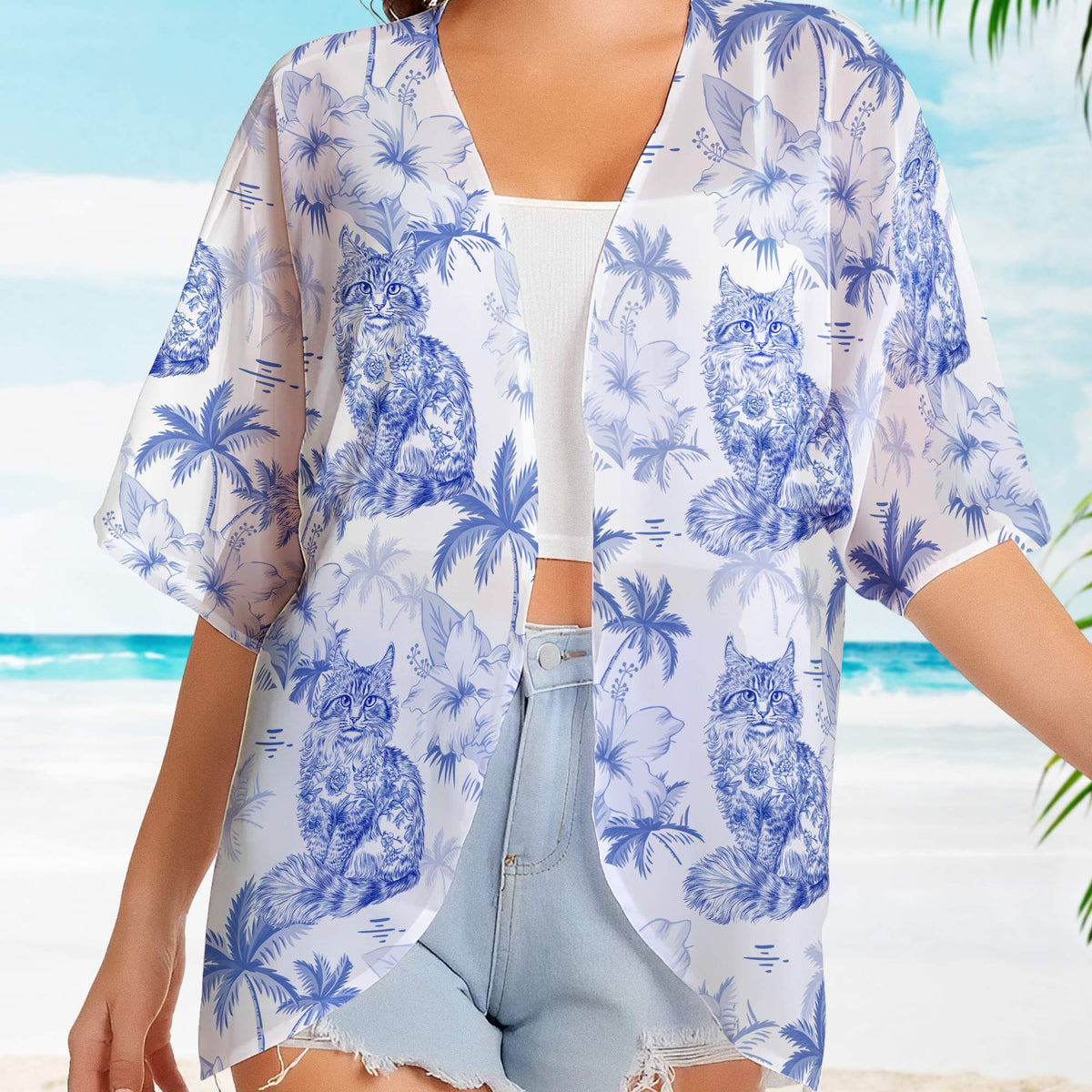 Cat Lover Toile De Jouy Style - Personalized Kimono Cover Up