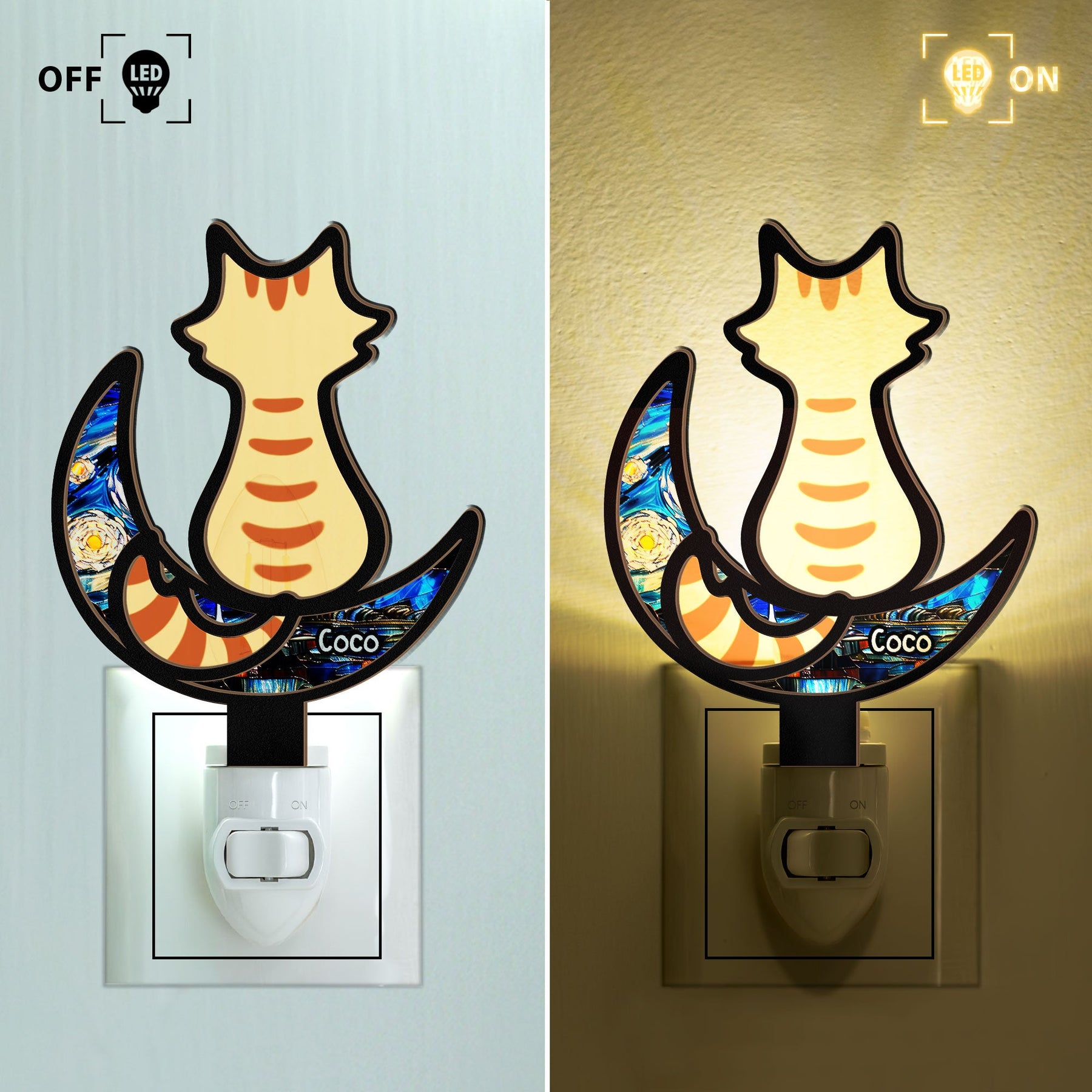 Cat On The Moon - Personalized Wood And Acrylic Night Light