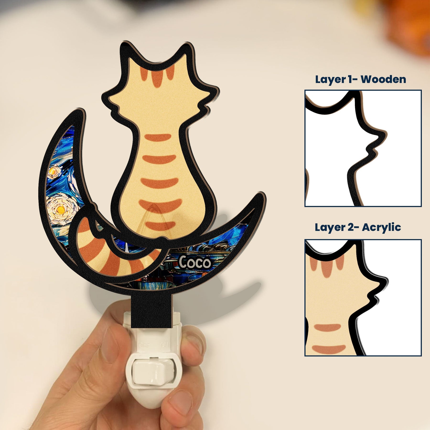 Cat On The Moon - Personalized Wood And Acrylic Night Light