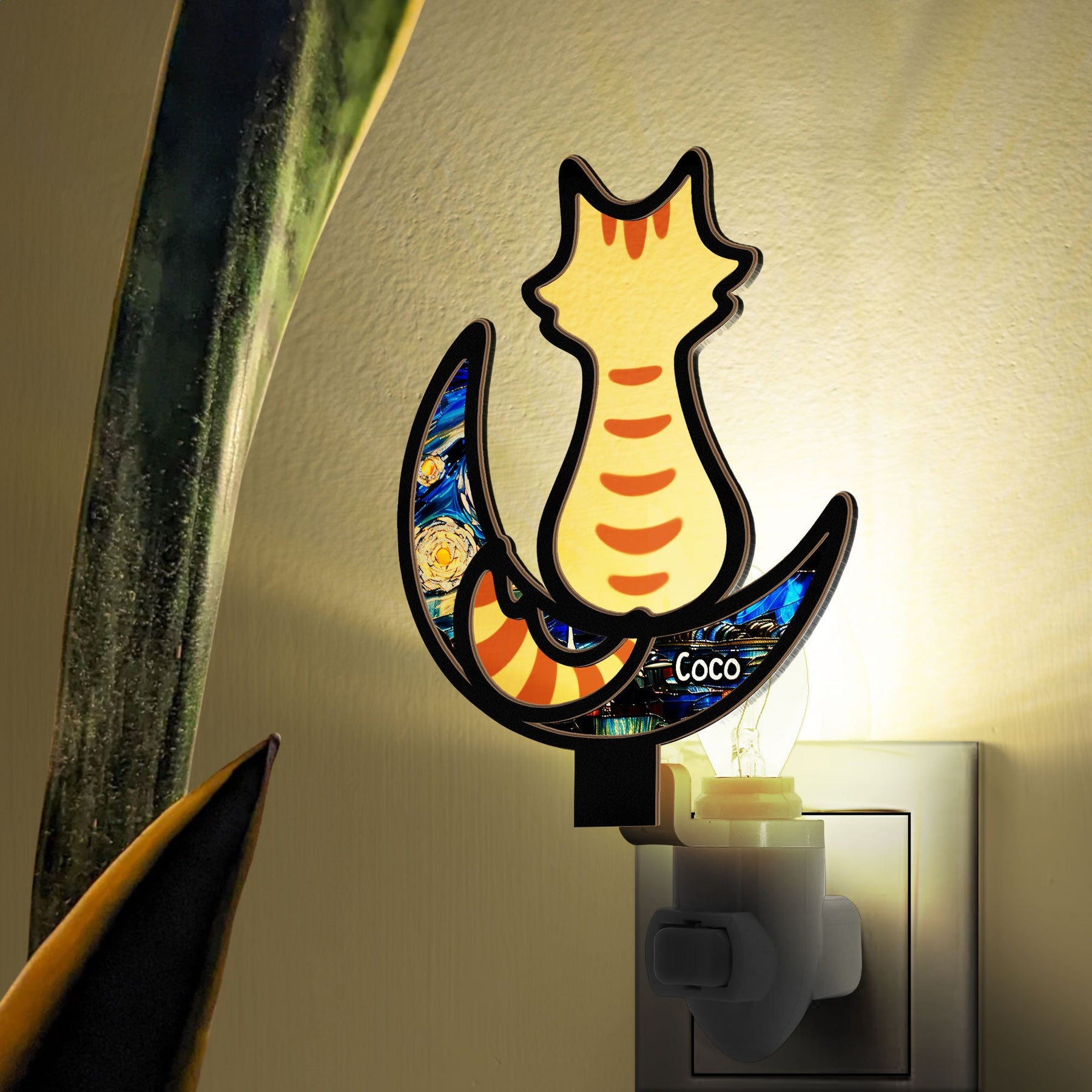 Cat On The Moon - Personalized Wood And Acrylic Night Light