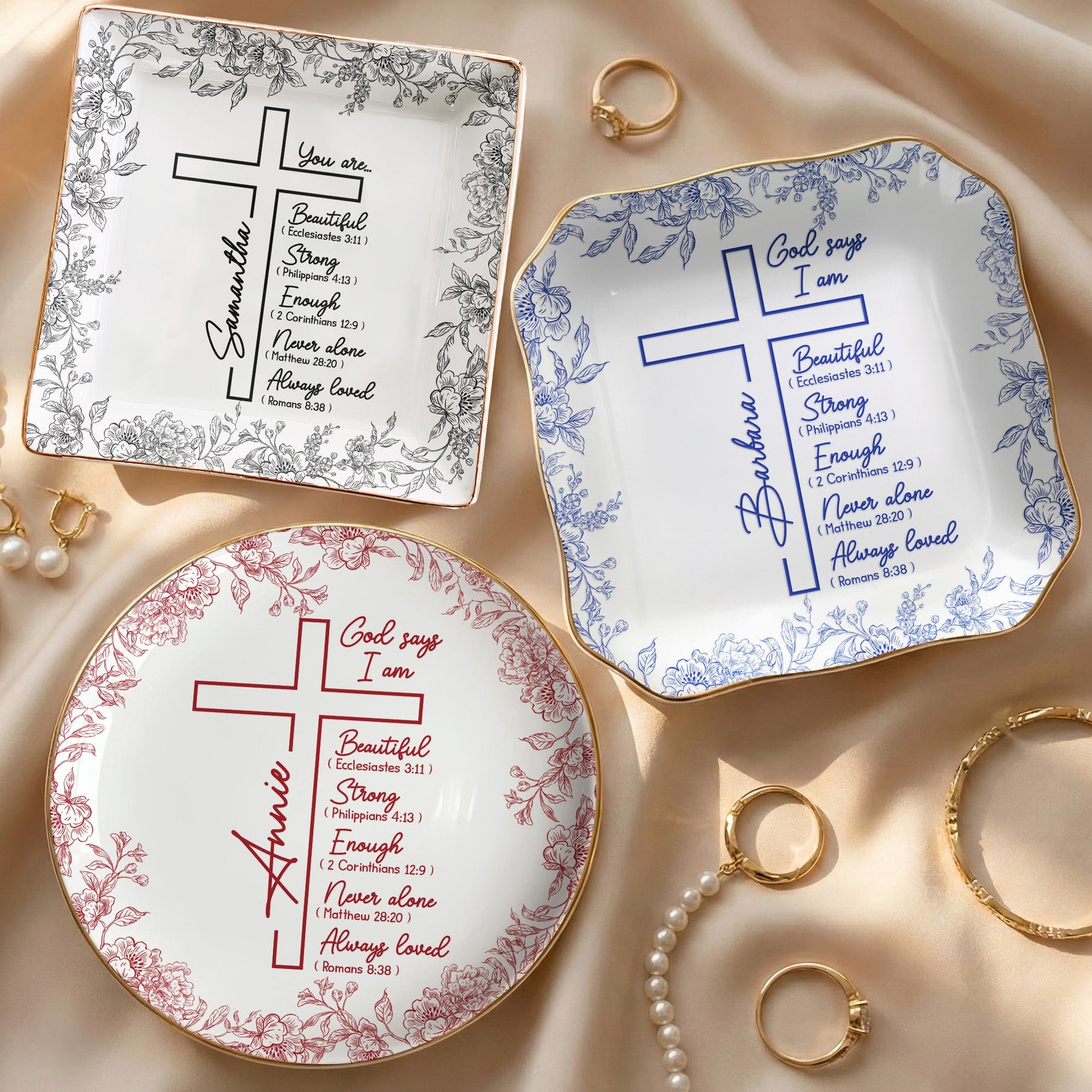 Christ Cross Affirmation Religious Gift For Women Toile De Jouy - Personalized Jewelry Dish
