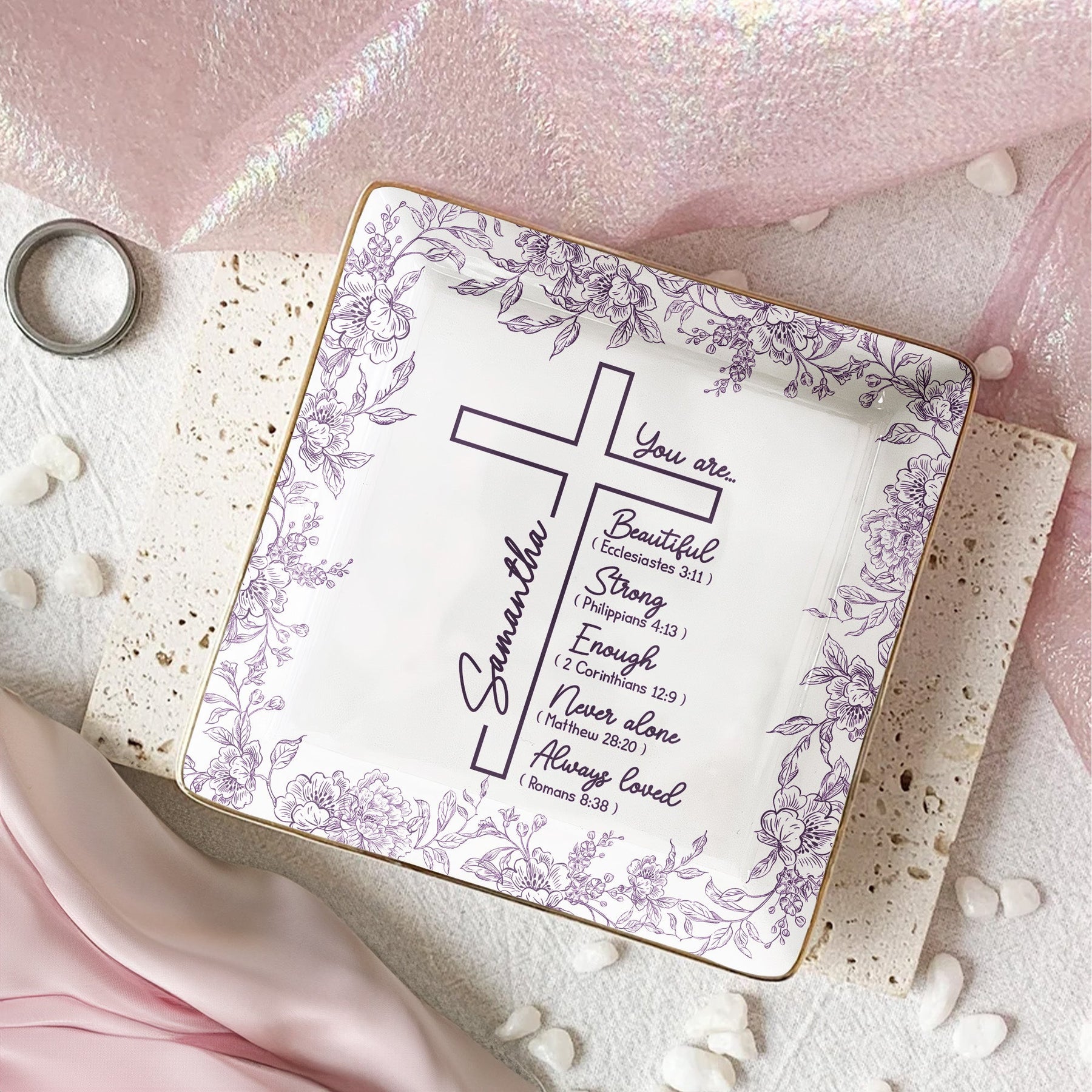 Christ Cross Affirmation Religious Gift For Women Toile De Jouy - Personalized Jewelry Dish