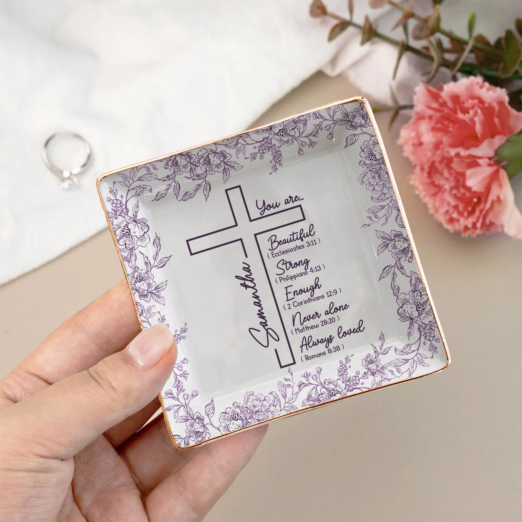 Christ Cross Affirmation Religious Gift For Women Toile De Jouy - Personalized Jewelry Dish