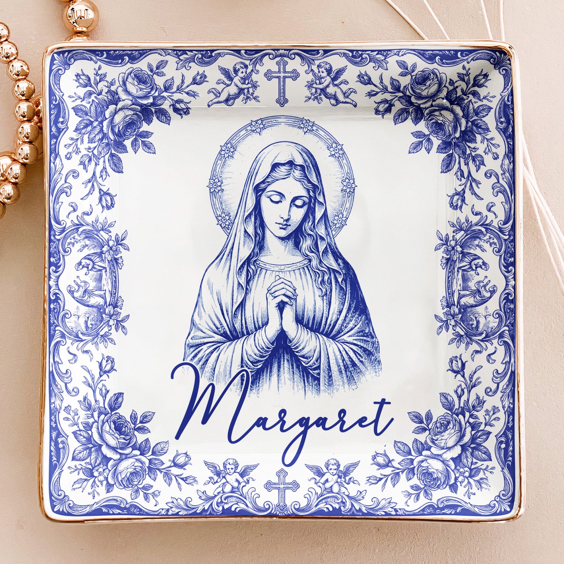 Christian Faith Symbols Toile De Jouy - Personalized Jewelry Dish