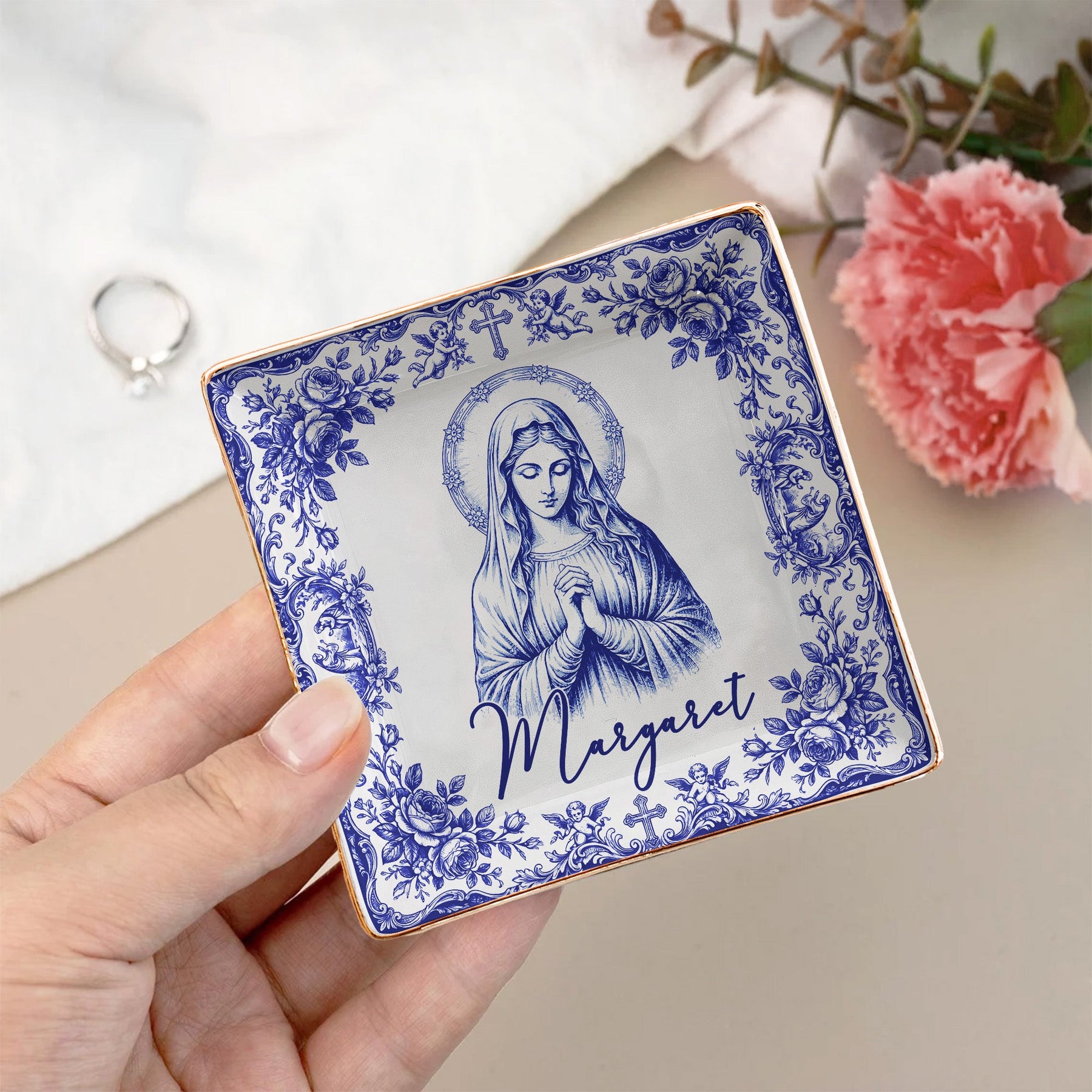 Christian Faith Symbols Toile De Jouy - Personalized Jewelry Dish