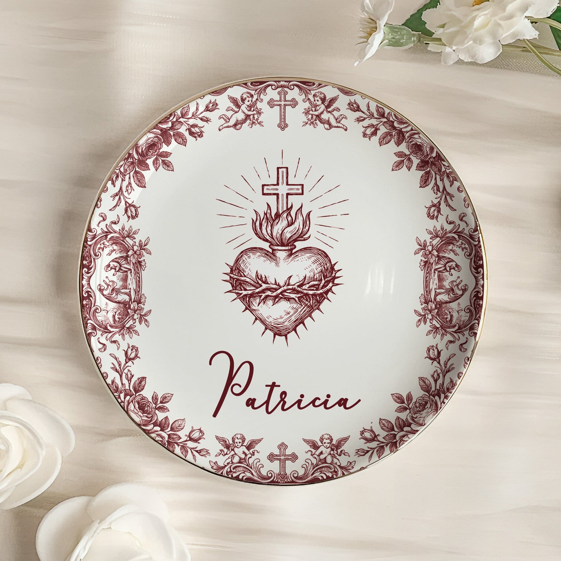 Christian Faith Symbols Toile De Jouy - Personalized Jewelry Dish