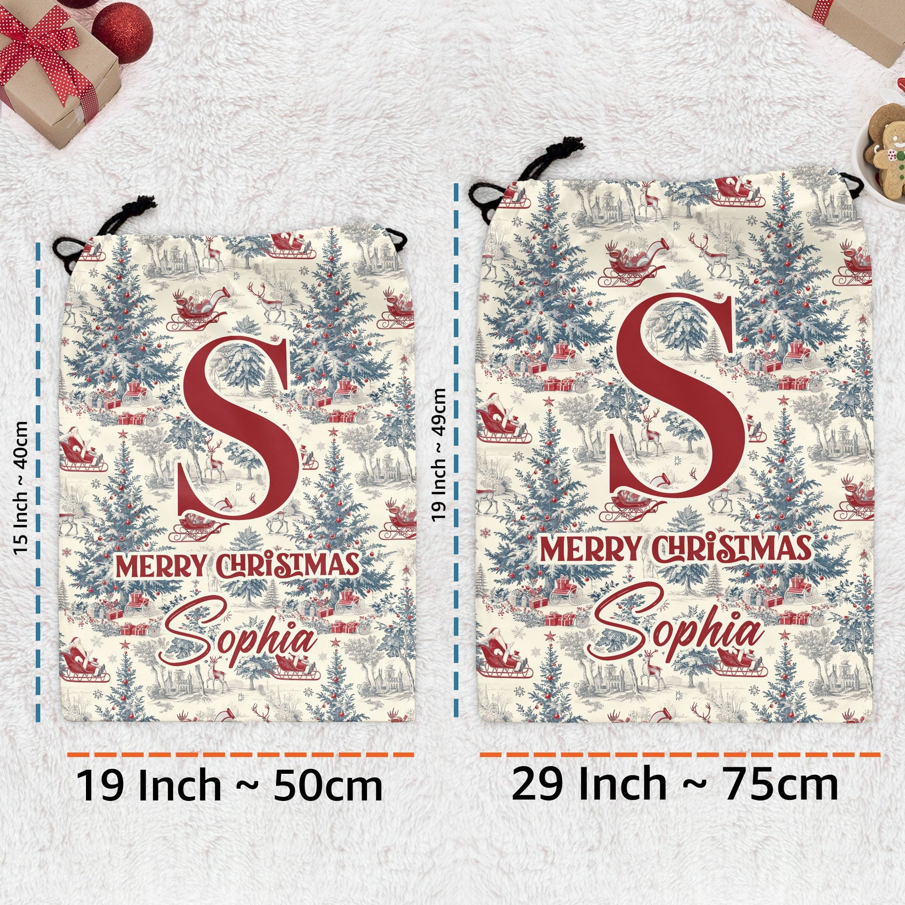 Christmas Toile De Jouy Monogram Letter - Personalized Christmas Sack