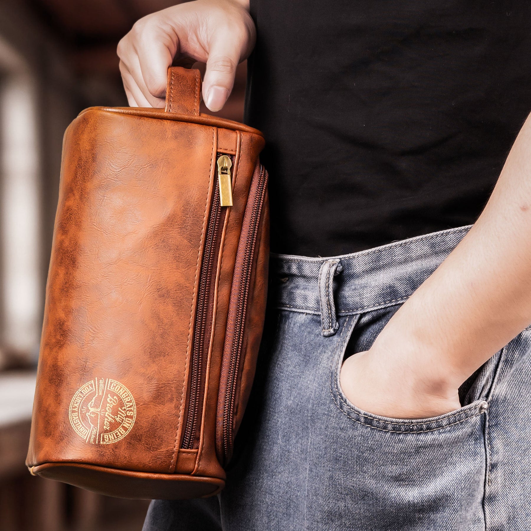 Congrats On Being My Brother - Personalized Leather Toiletry Bag