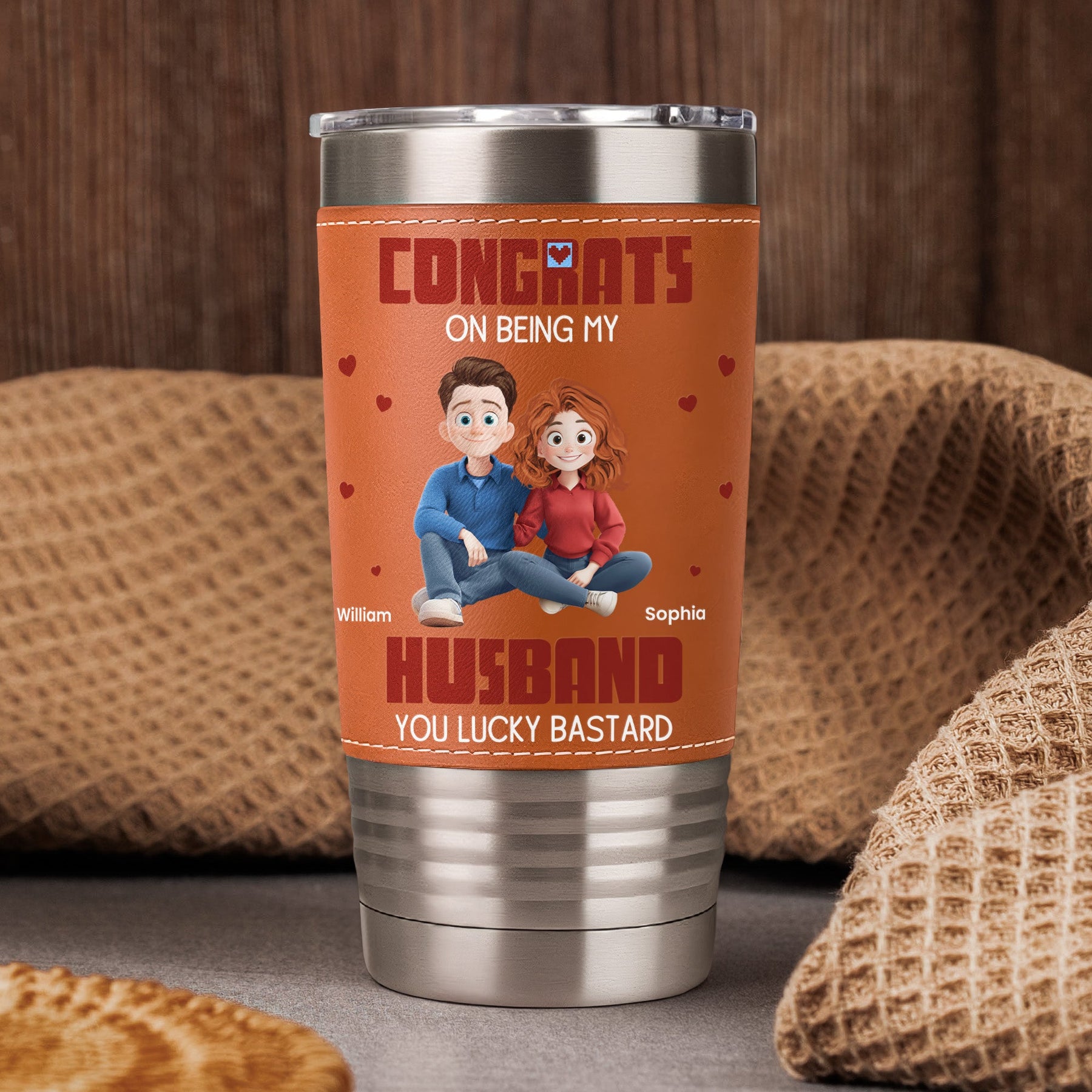 Congrats On Being My Husband You Lucky Bastard - Cartoon Version - Personalized 20oz Leather Wrapped Tumbler