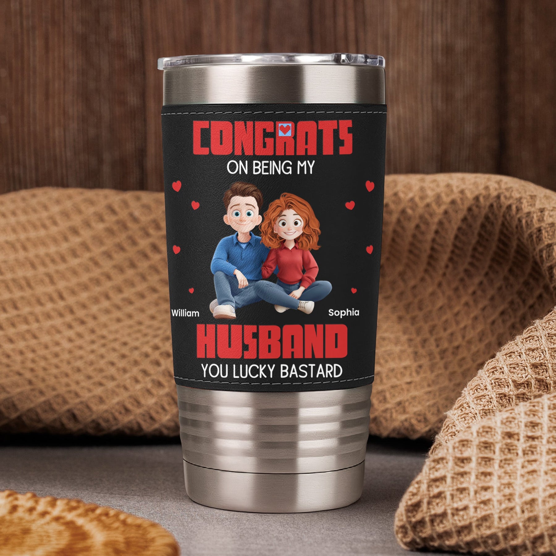 Congrats On Being My Husband You Lucky Bastard - Cartoon Version - Personalized 20oz Leather Wrapped Tumbler