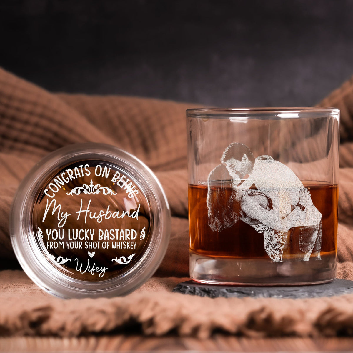 Congrats On Being My Husband You Lucky Bastard - Personalized Whiskey Glass With Photo