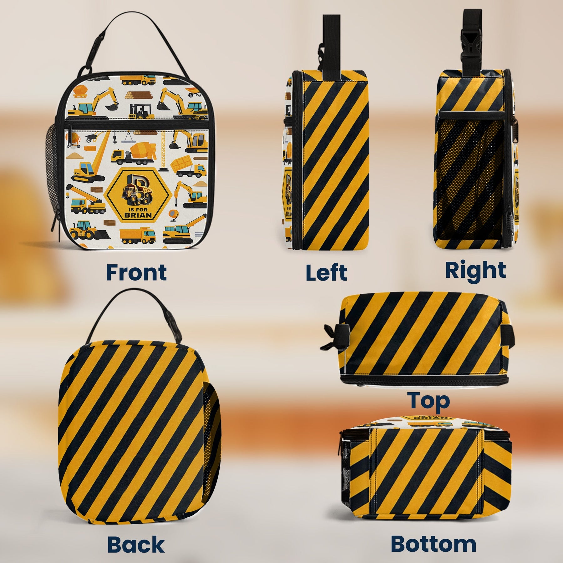 Construction Vehicles Truck, Unicorn Letter - Personalized Lunch Bag