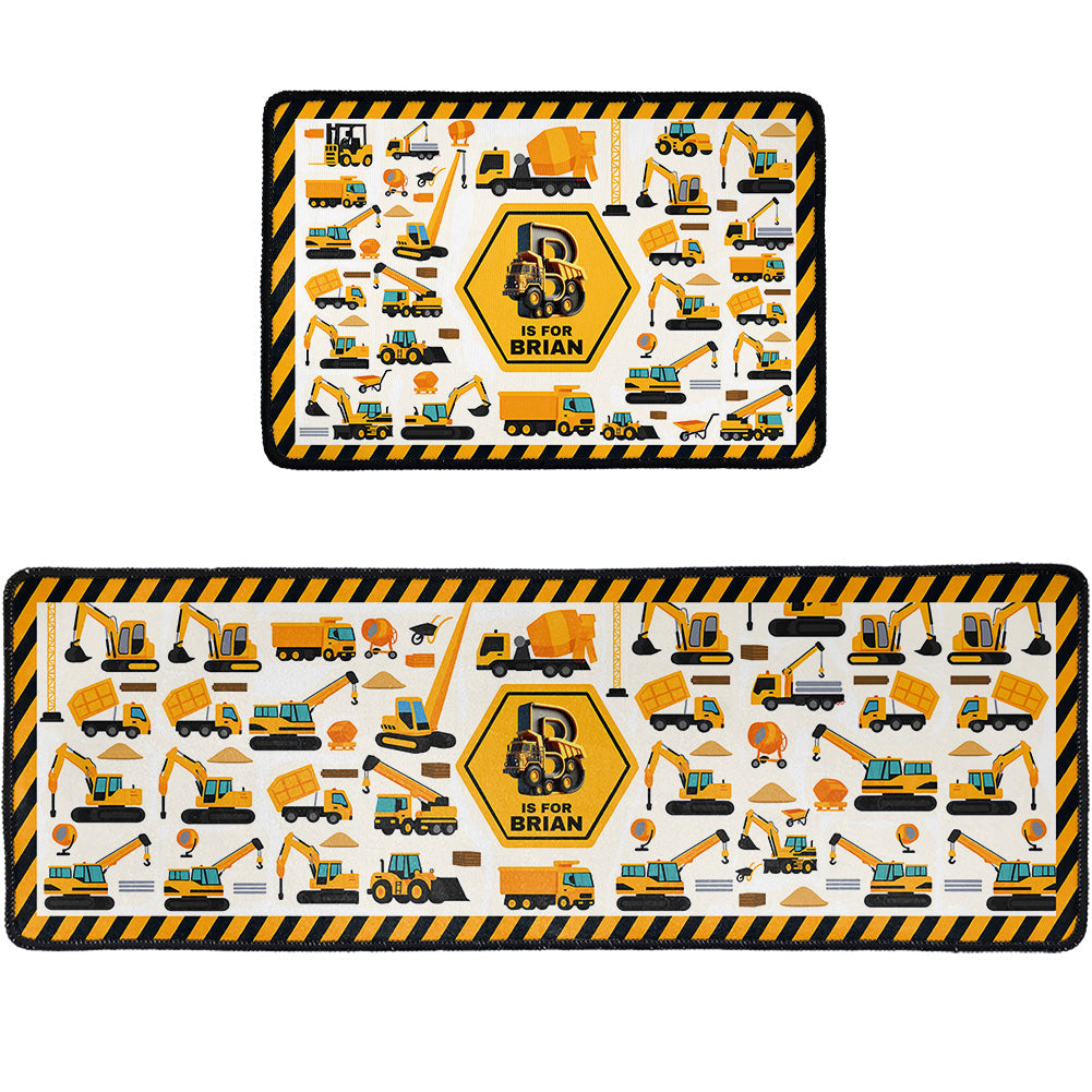 Construction Vehicles Truck, Unicorn Letter - Personalized Runner Rug