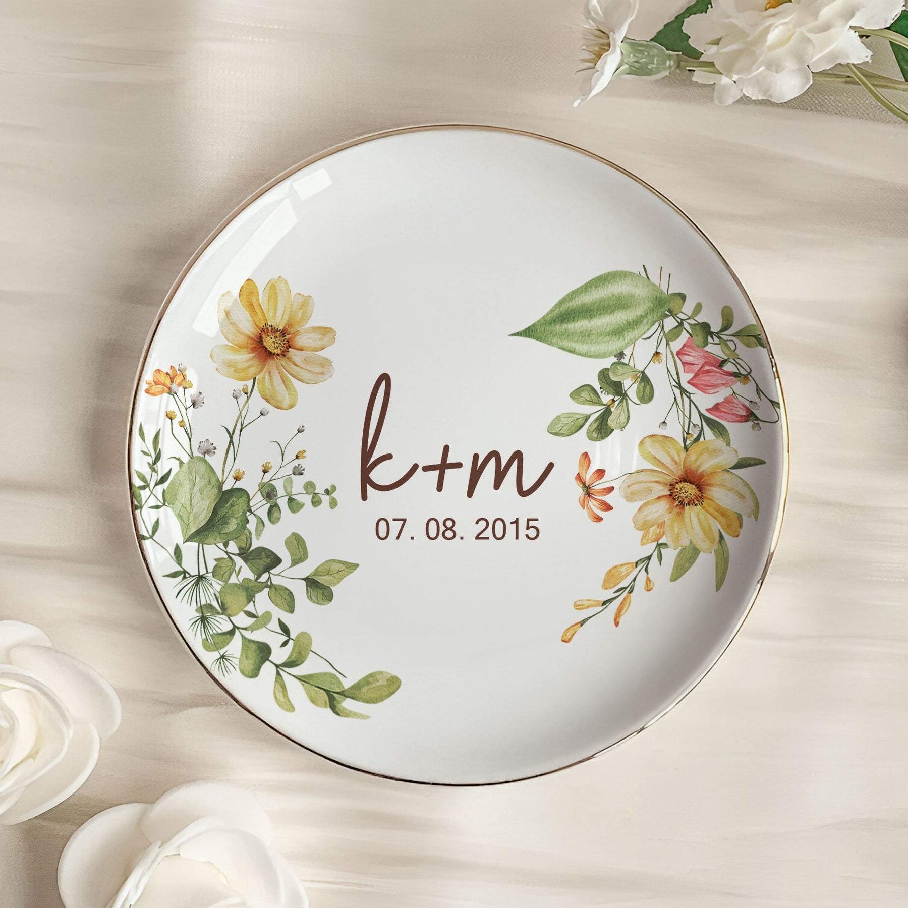 Couple Anniversary Gift Floral Style - Personalized Jewelry Dish