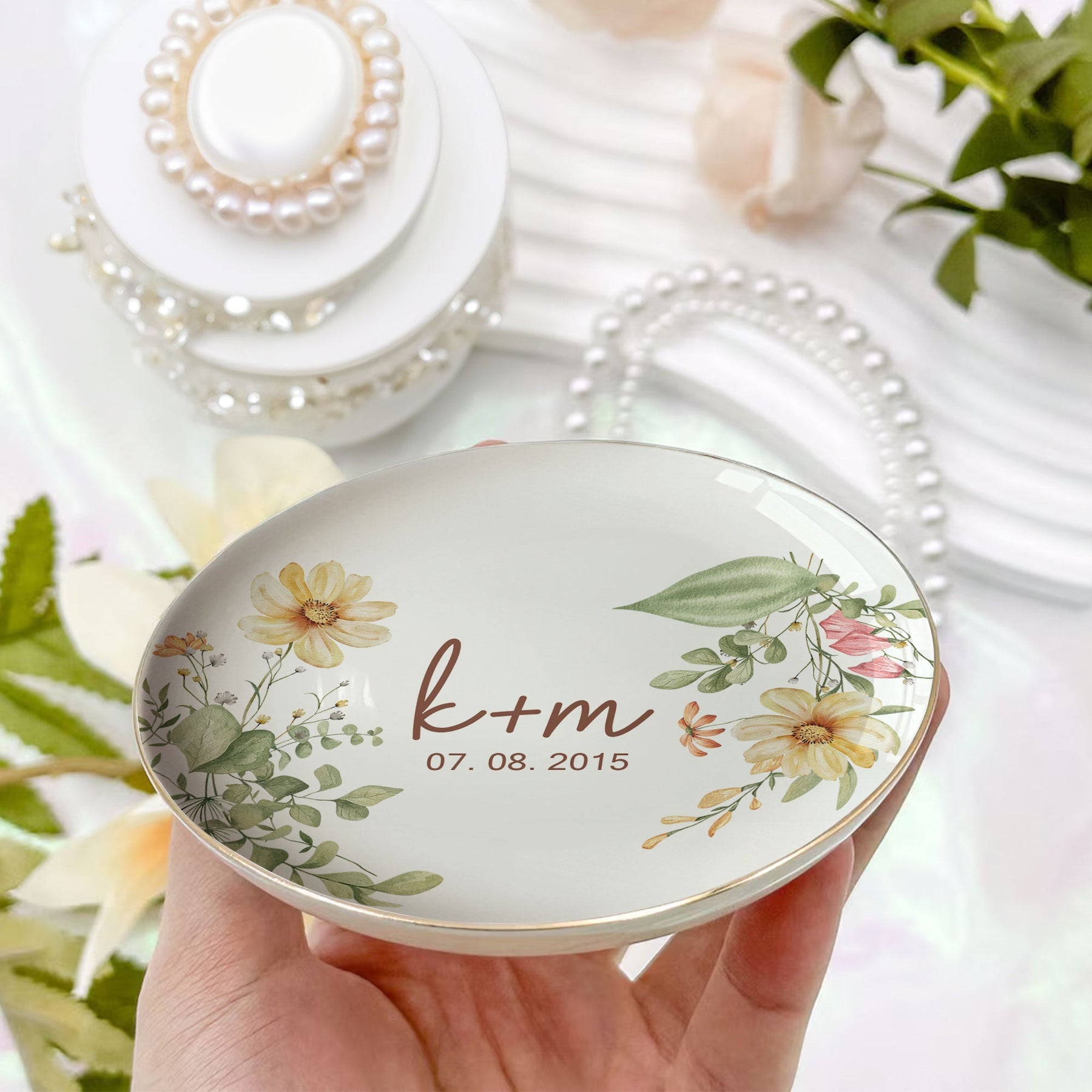 Couple Anniversary Gift Floral Style - Personalized Jewelry Dish