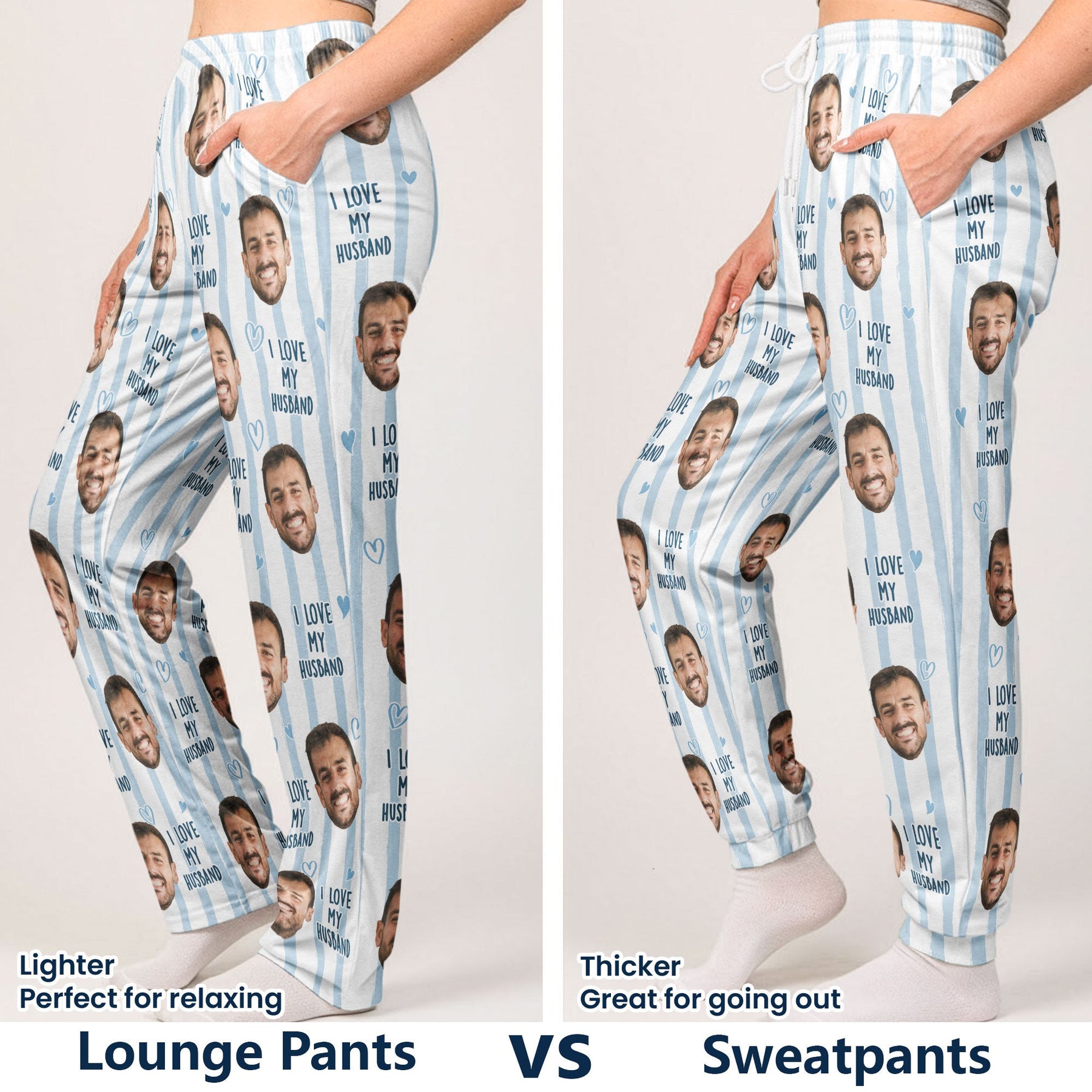 Couple Custom Photo Funny Stripe Background - Personalized Photo Sweatpants, Lounge Pants With Pockets