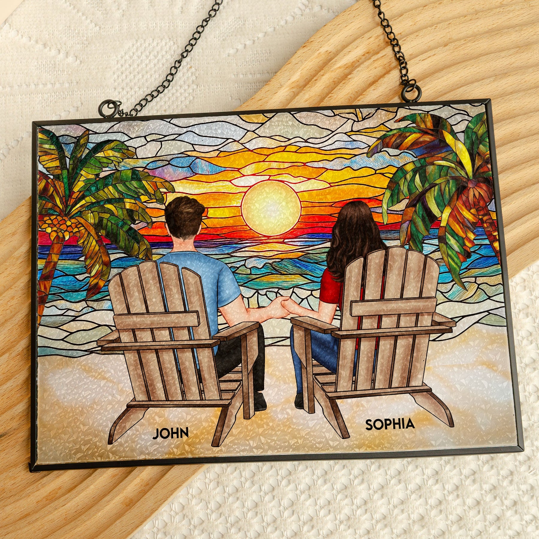 Couple Sitting Together - Personalized Stained Glass Suncatcher