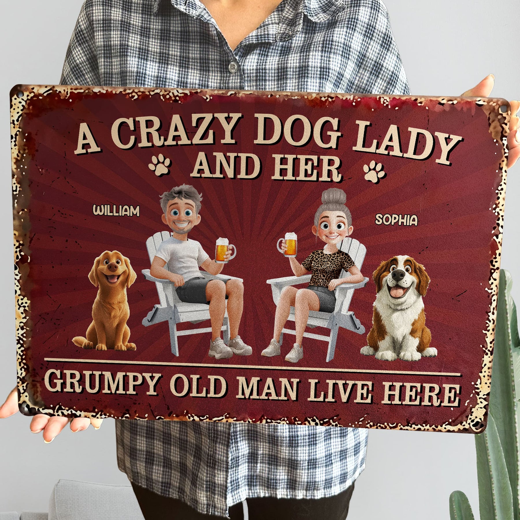 Couple A Crazy Dog Lady And Her Grumpy Old Man - Personalized Metal Sign