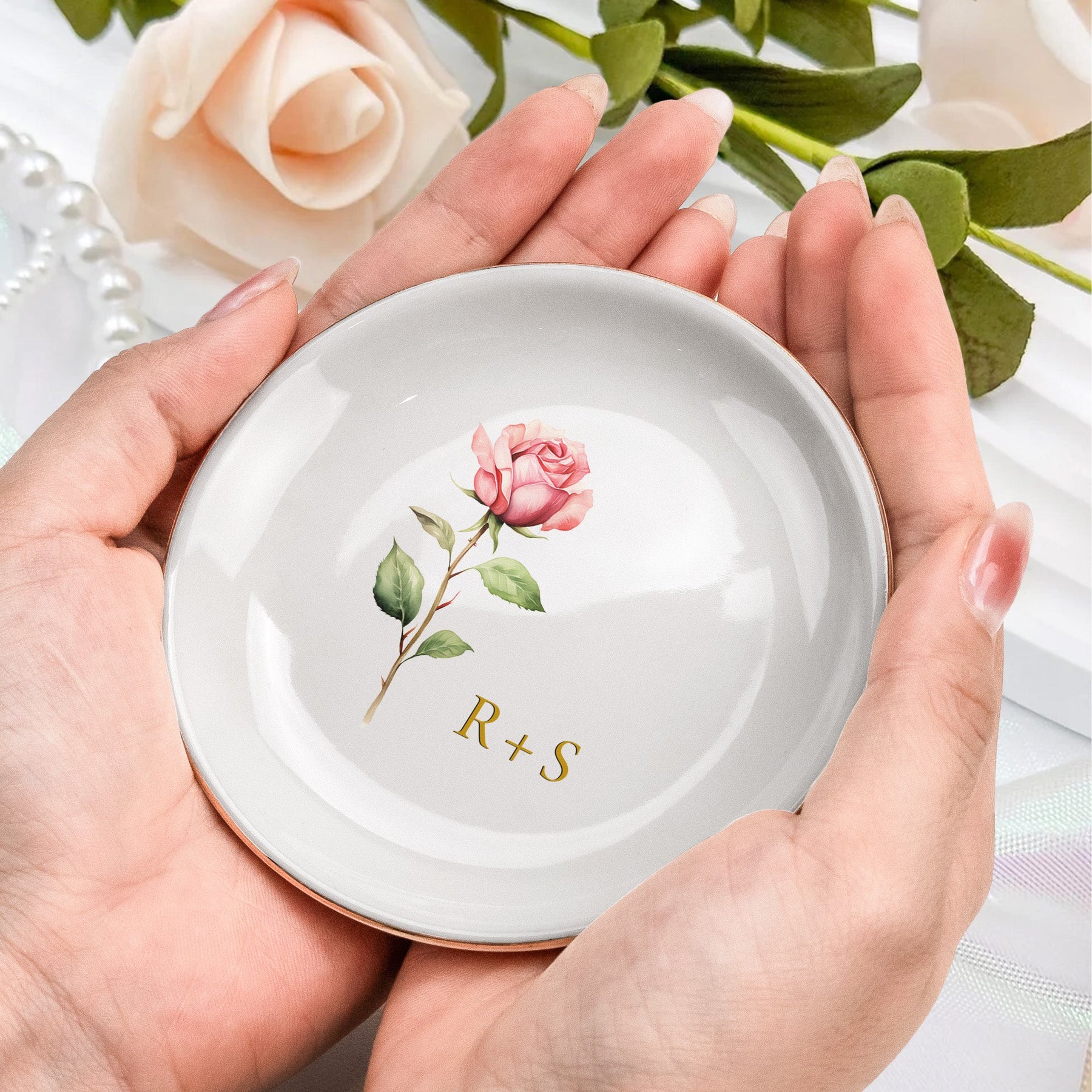 Custom Anniversary Month Flower Gift For Couples - Personalized Jewelry Dish