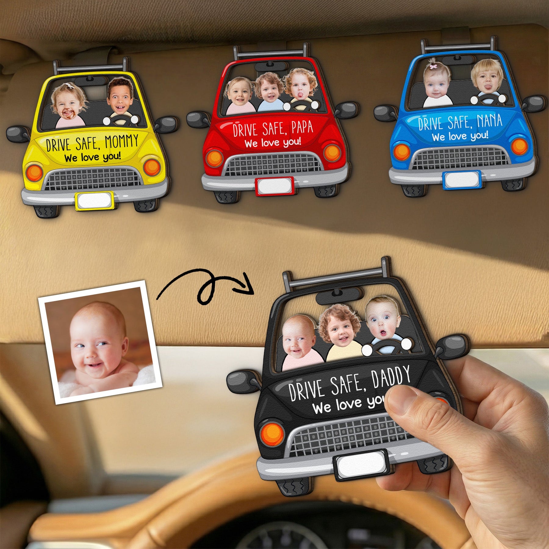Custom Babies Face Drive Safe Daddy - Personalized Wooden Photo Car Visor Clip