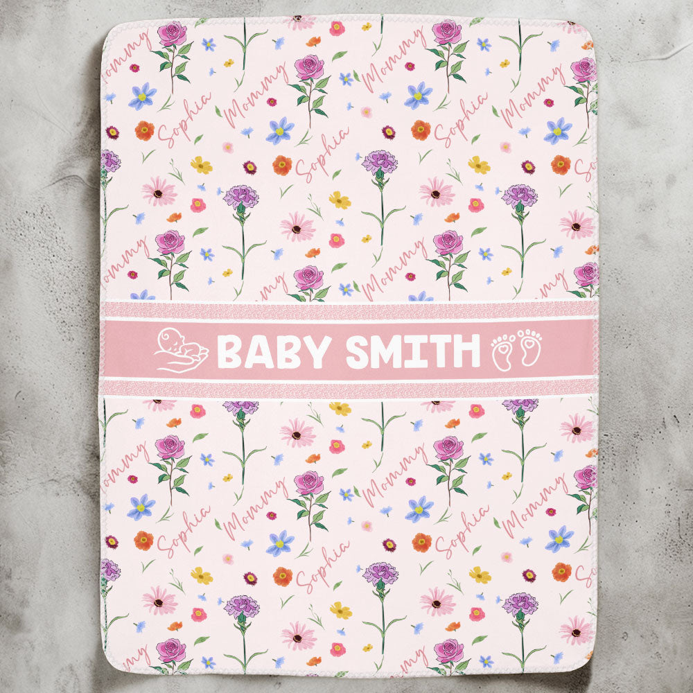 Custom Baby And Mom Name Birthday Flower - Personalized Blanket