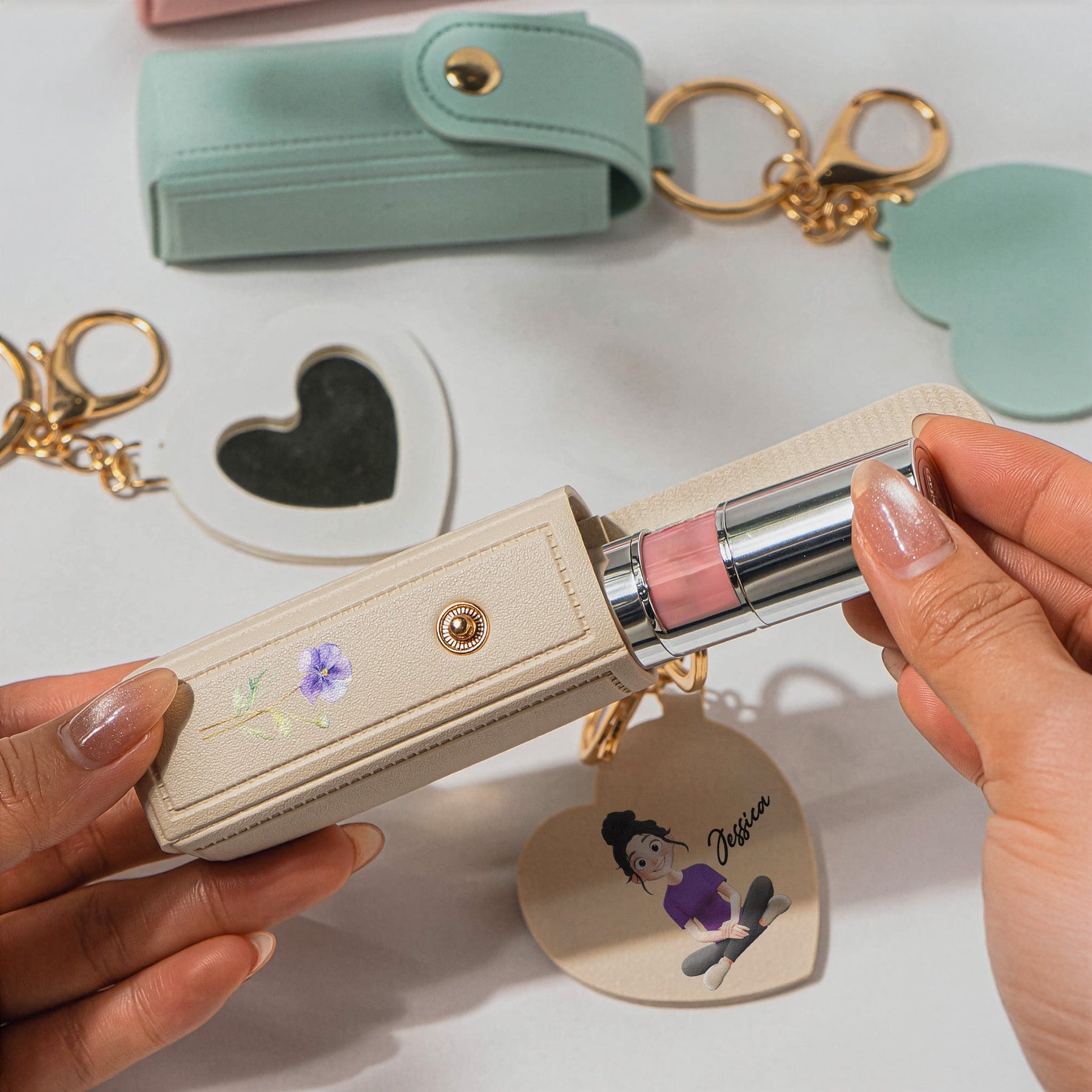 Custom Birth Flower For Her, Daughter, Wife Light Ver - Personalized Leather Lipstick Case With Mirror Keychain