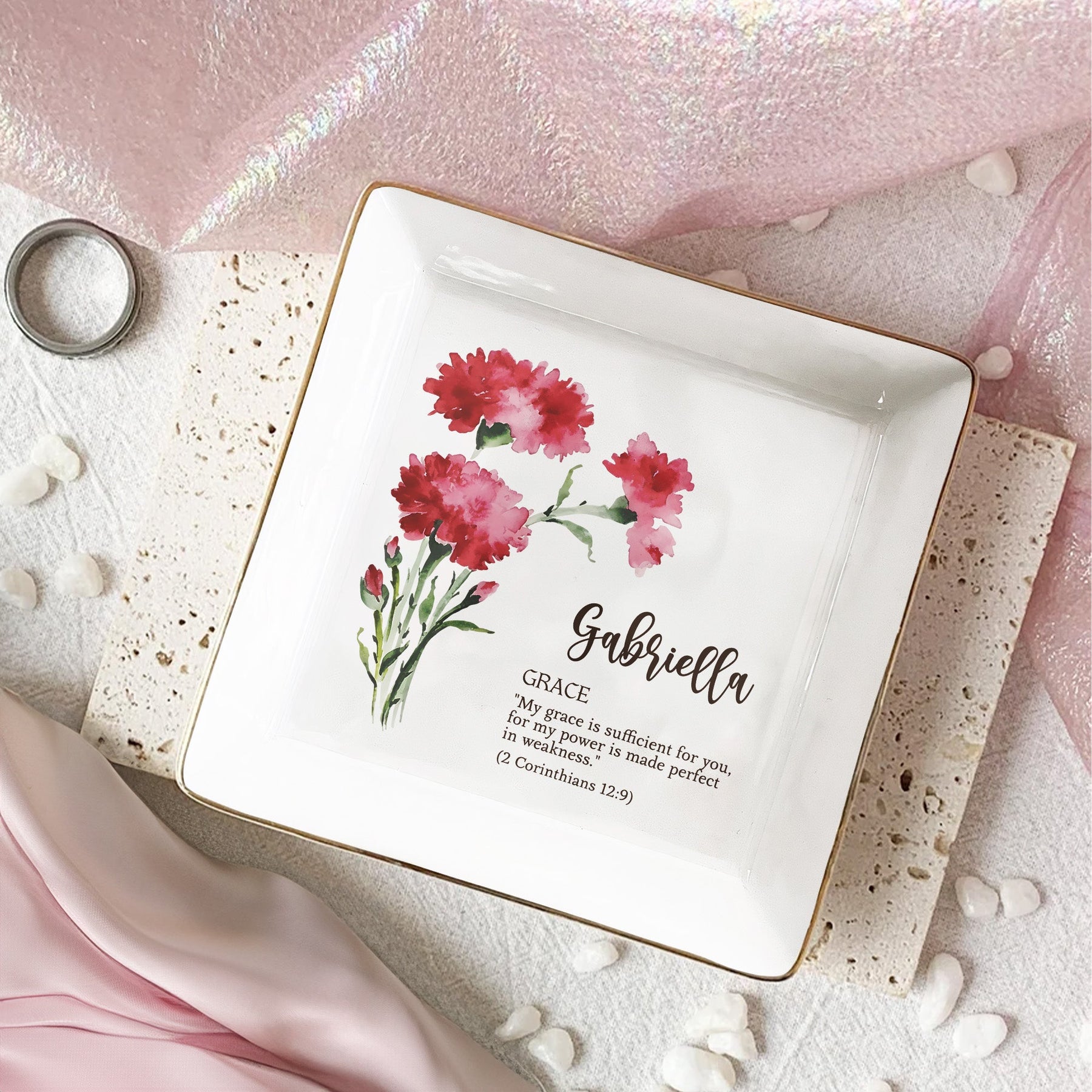 Custom Birth Flower Initial With Bible Verse - Personalized Jewelry Dish