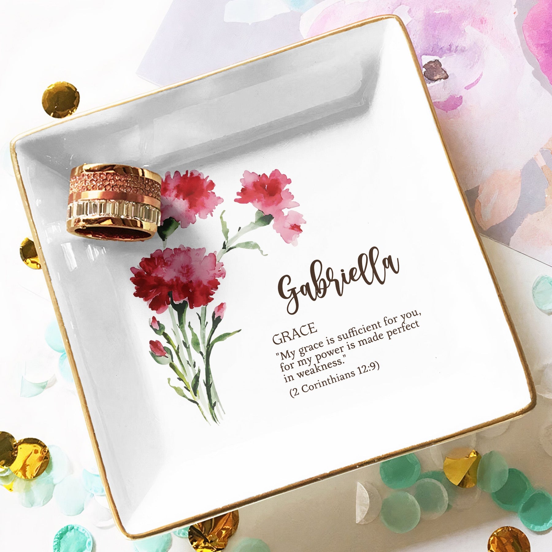 Custom Birth Flower Initial With Bible Verse - Personalized Jewelry Dish