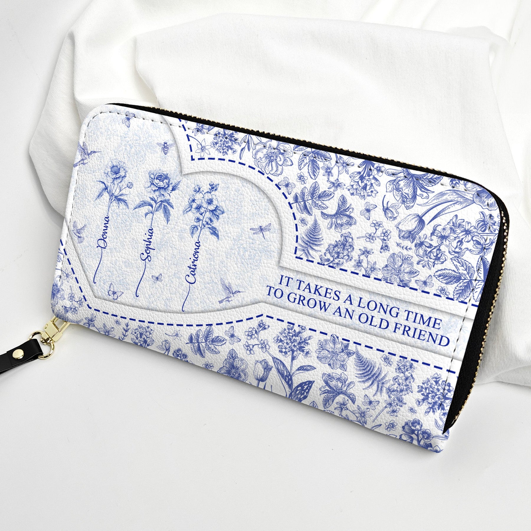 Custom Birth Flower It Takes A Long Time To Grow An Old Friend Toile De Jouy - Personalized Leather Long Wallet