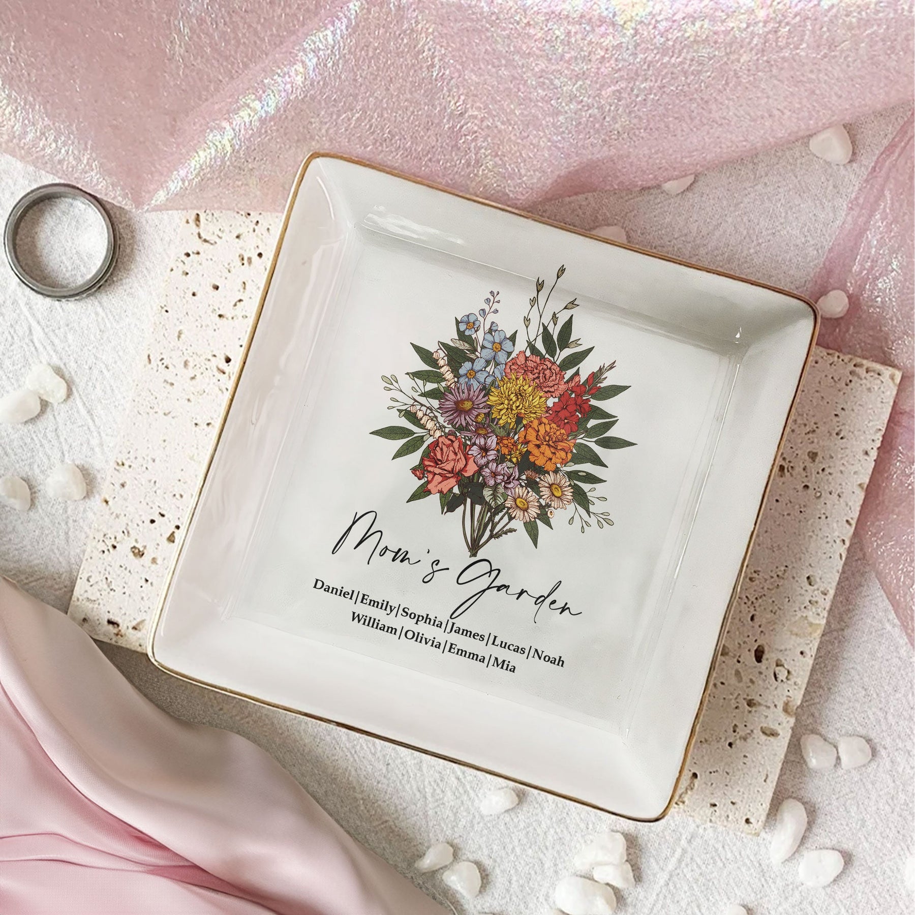 Custom Birth Flower - Mother's Day Gift For Mom From Daughter, Son - Personalized Jewelry Dish