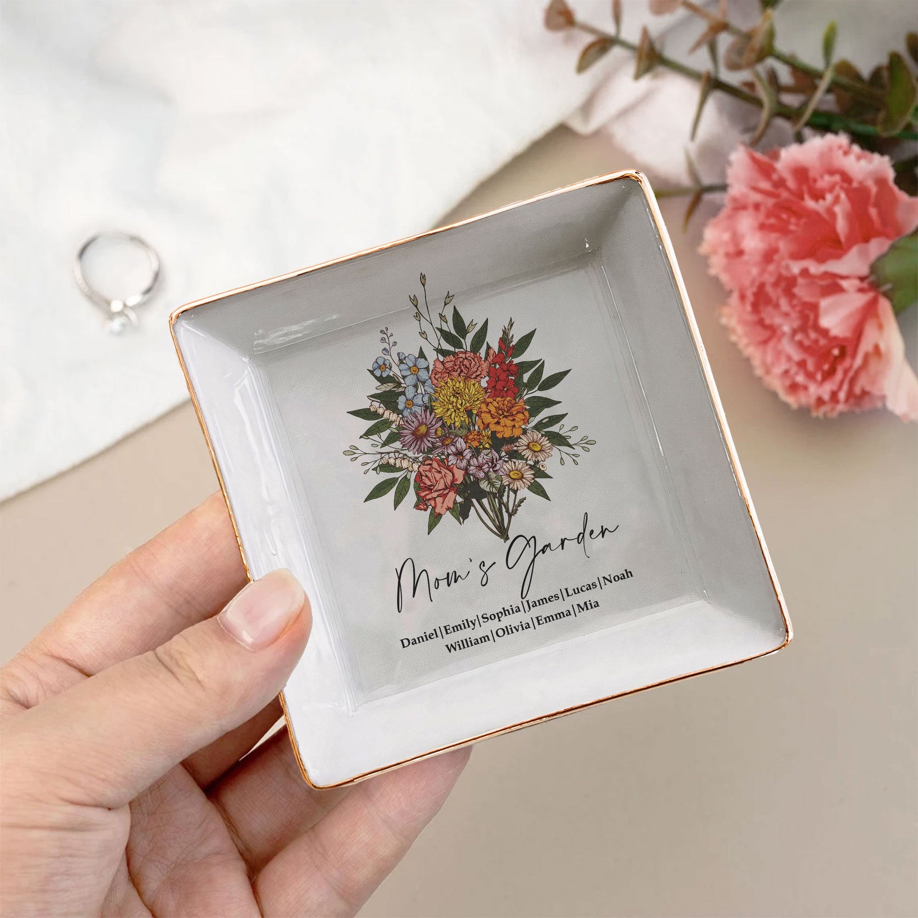 Custom Birth Flower - Mother's Day Gift For Mom From Daughter, Son - Personalized Jewelry Dish