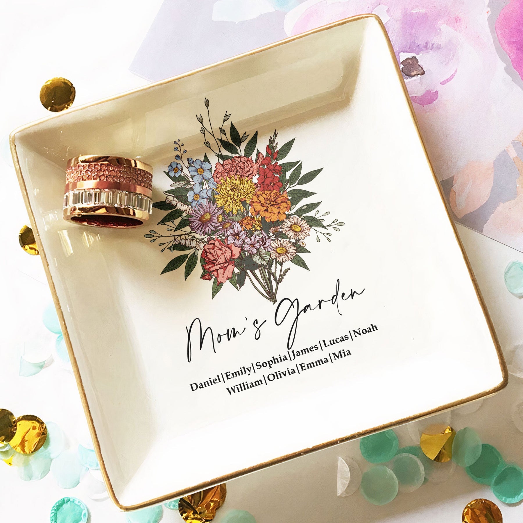 Custom Birth Flower - Mother's Day Gift For Mom From Daughter, Son - Personalized Jewelry Dish