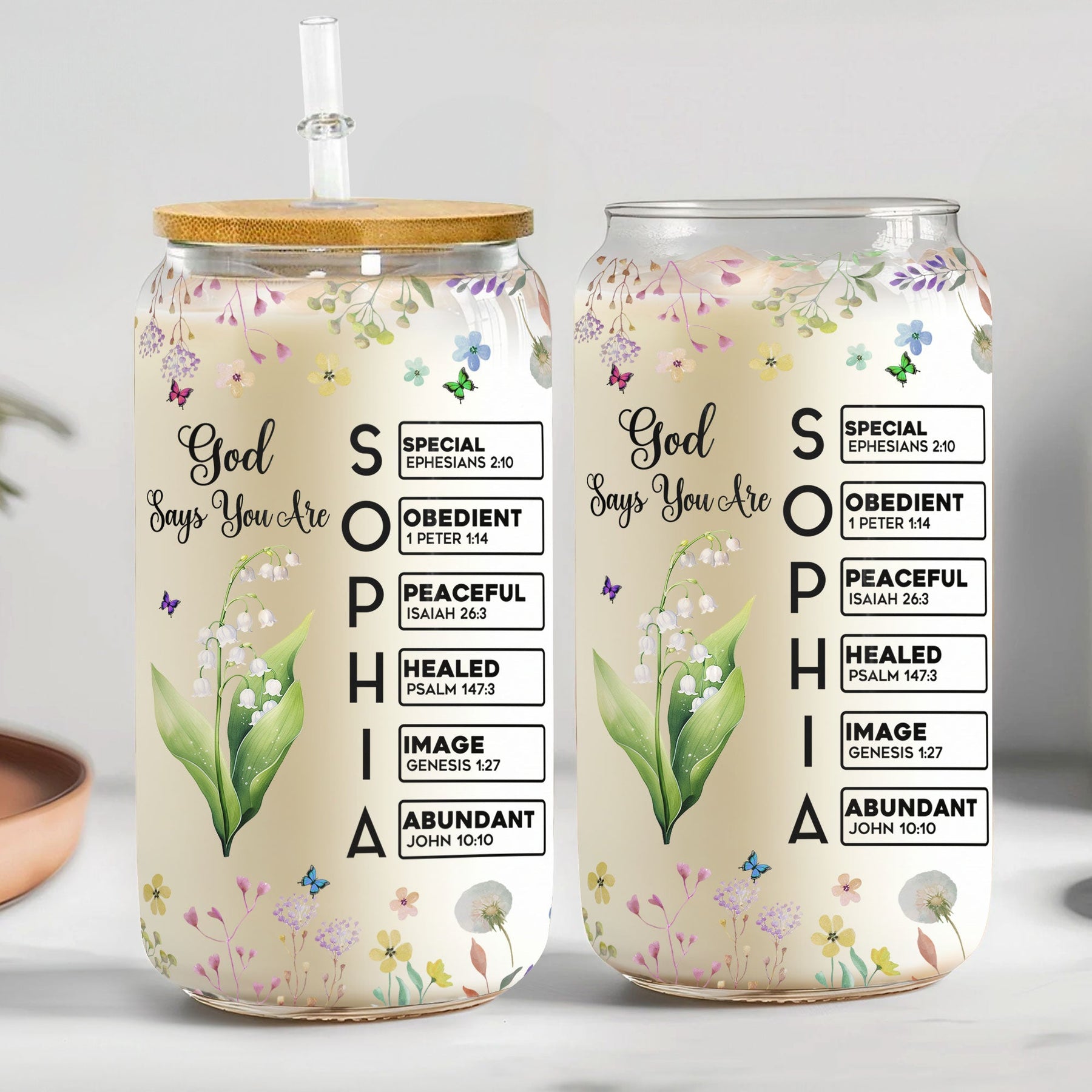 Custom Birth Flower & Name In Bible Verses Gifts For Her - Personalized Clear Glass Cup