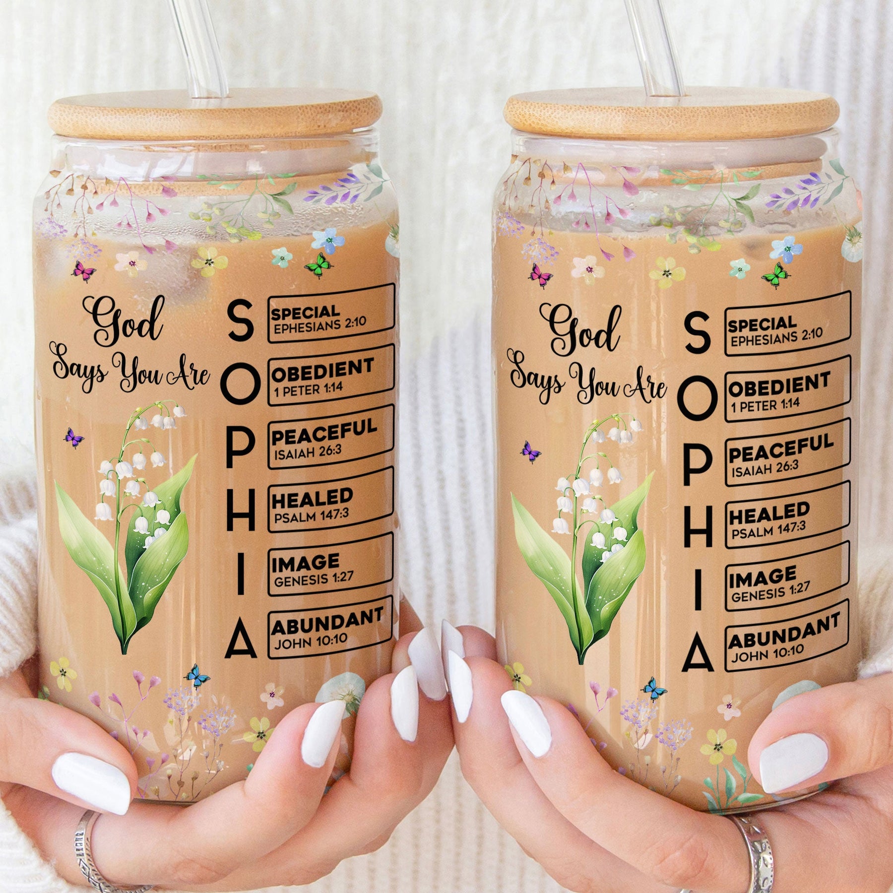 Custom Birth Flower & Name In Bible Verses Gifts For Her - Personalized Clear Glass Cup