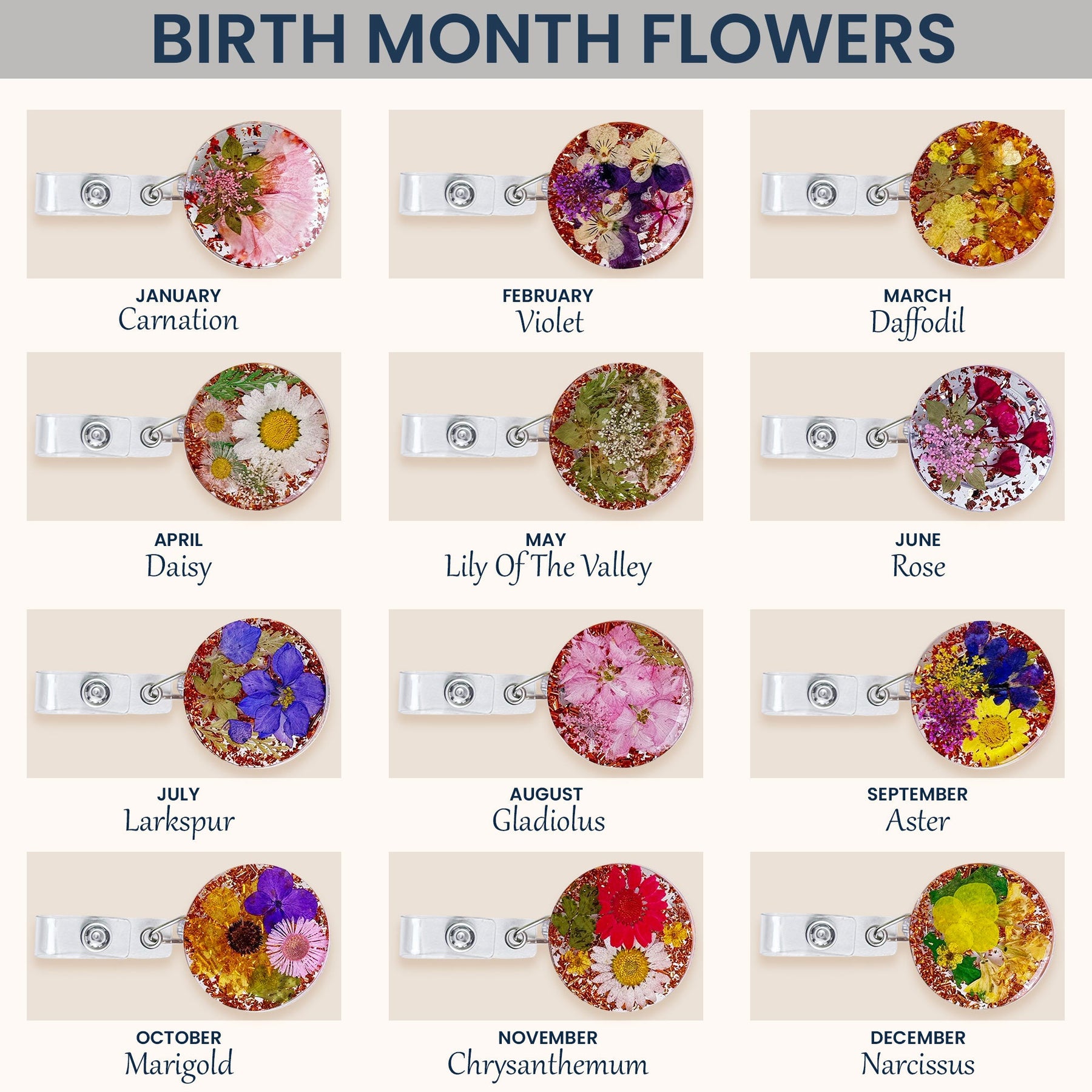 Custom Birth Month Flower - Personalized Resin Birth Flower Badge Reel