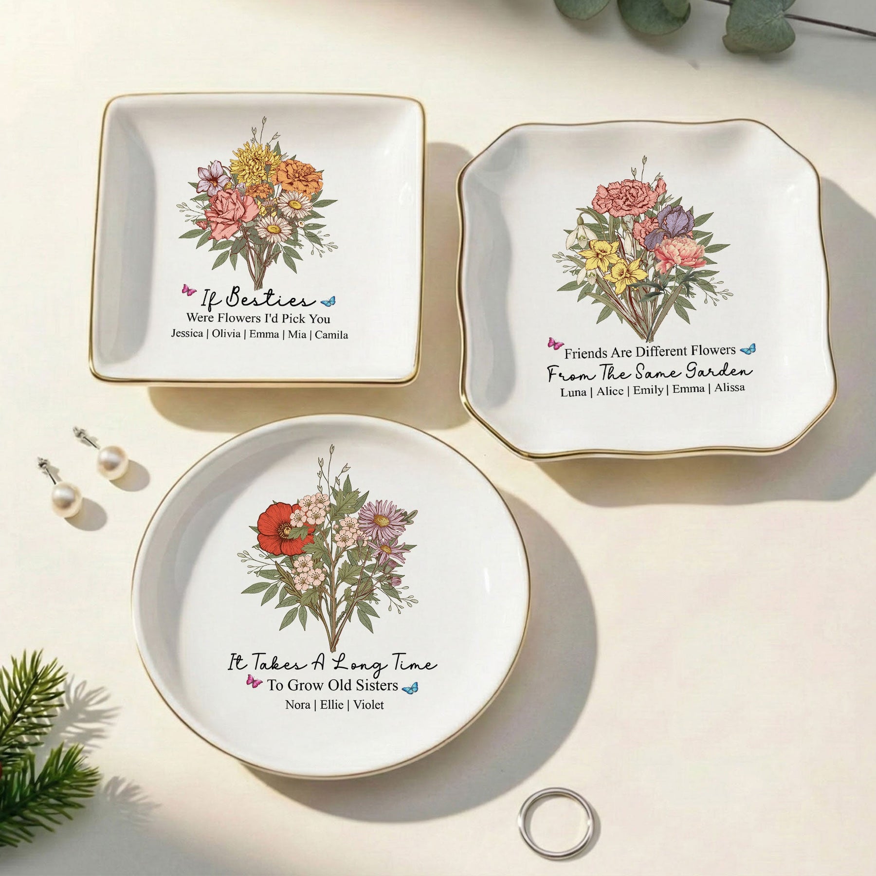 Custom Boho Birth Flowers Sisterhood, Friendship Bouquet Gifts For Sisters, Friends, Besties - Personalized Jewelry Dish