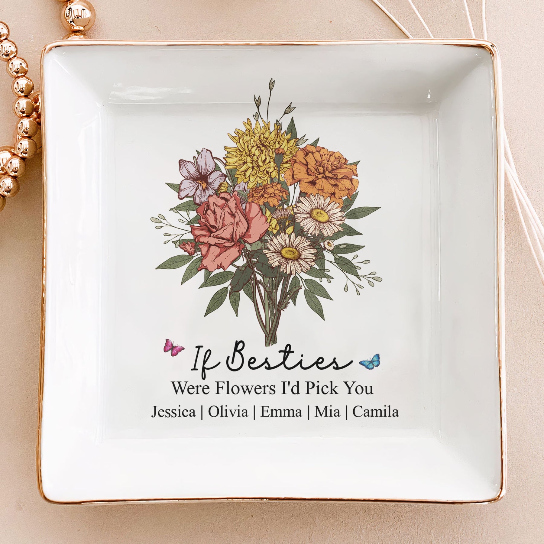Custom Boho Birth Flowers Sisterhood, Friendship Bouquet Gifts For Sisters, Friends, Besties - Personalized Jewelry Dish
